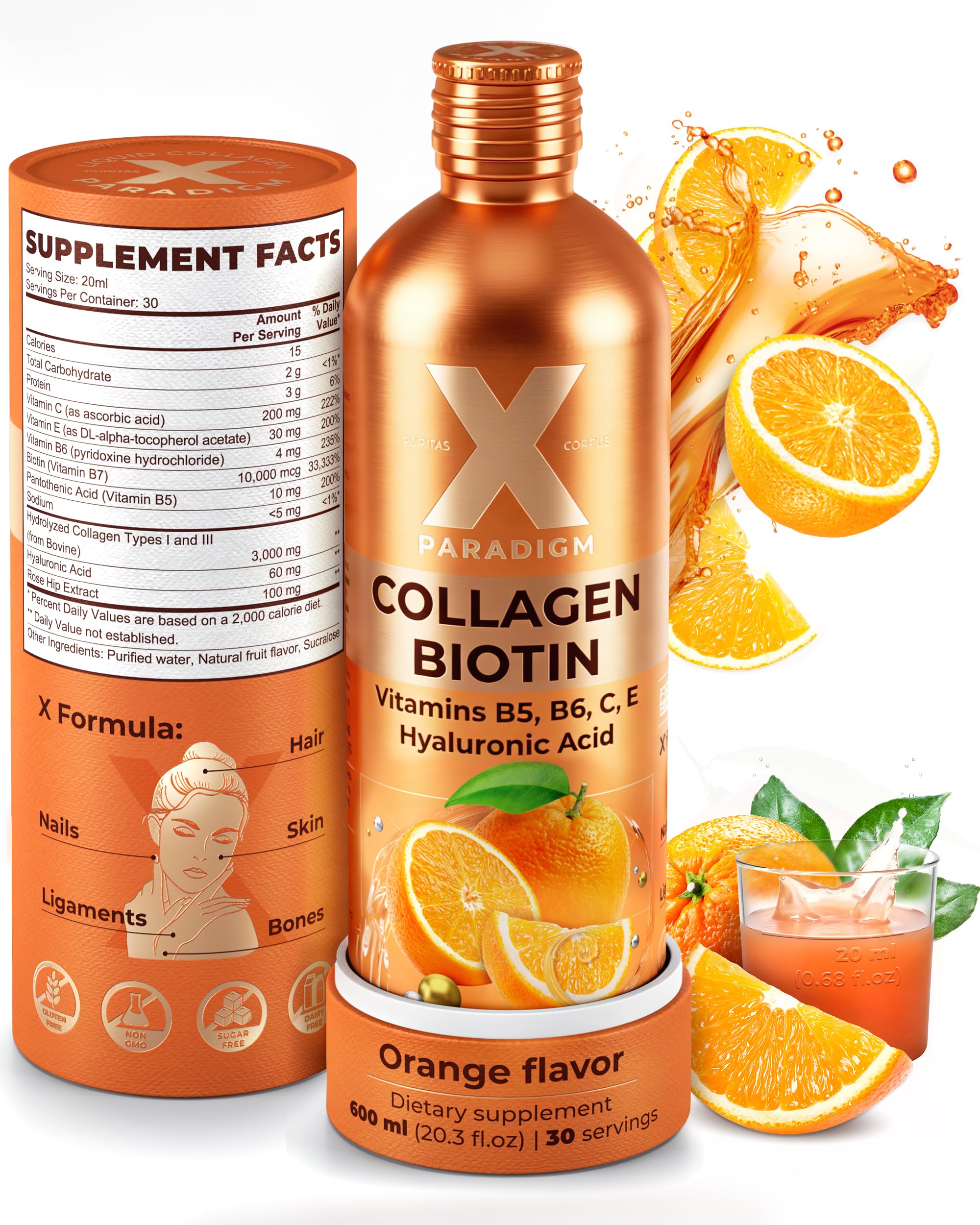 Liquid Collagen Peptides with Biotin & Hyaluronic Acid, 600ml, Orange