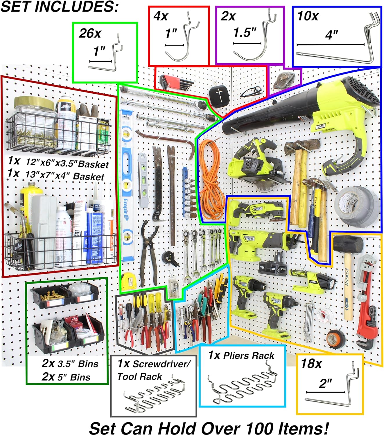 Peg Board Hooks for Hanging Tools with Bins and Baskets – Tool Organization Accessories Kit – Organizer Set of 1 inch, 2 inch, 4 inch L Hooks, J Hook, Pliers Rack, Screwdriver Holder