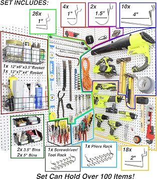 Peg Board Hooks for Hanging Tools with Bins and Baskets – Tool Organization Accessories Kit – Organizer Set of 1 inch, 2 inch, 4 inch L Hooks, J Hook, Pliers Rack, Screwdriver Holder