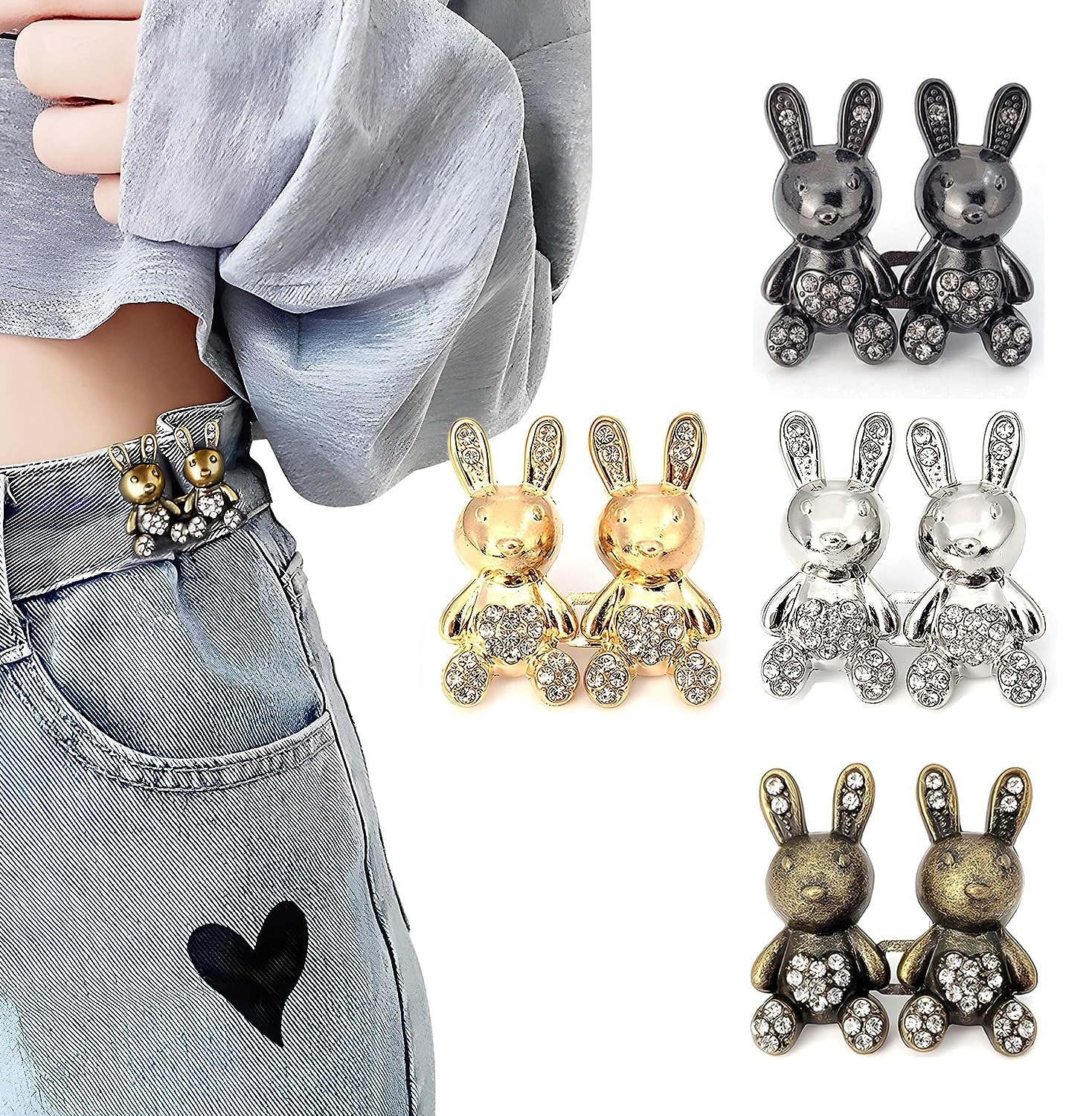 Kawn® 4pcs Adjustable Waist Button Pins for Loose Jeans | No-Sew Detachable Instant Buttons for Pants & Skirts (Bunny Variant)