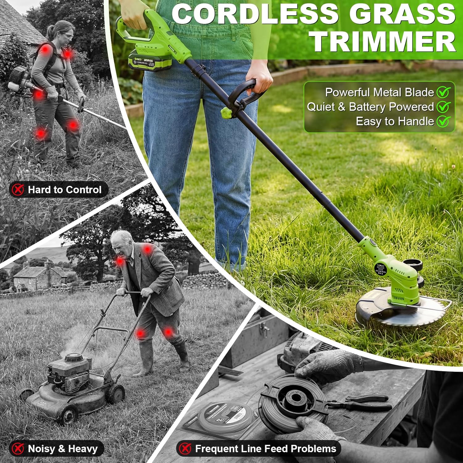 21V Lightweight Weed Wacker, Cordless String Trimmer & Brush Cutter with Edging Wheels, 4-in-1 Electric, 2x 4.0Ah Battery & LCD Display & Strap, Foldable Edger with Wire Brush for Patio & Yard