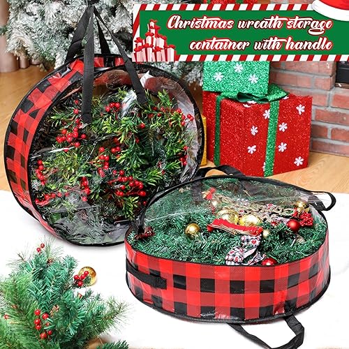 Miniatura 6 de Shappy 4 bolsas de almacenamiento de coronas de Navidad, contenedor de almacenamiento para coronas con ventana transparente, caja de almacenamiento