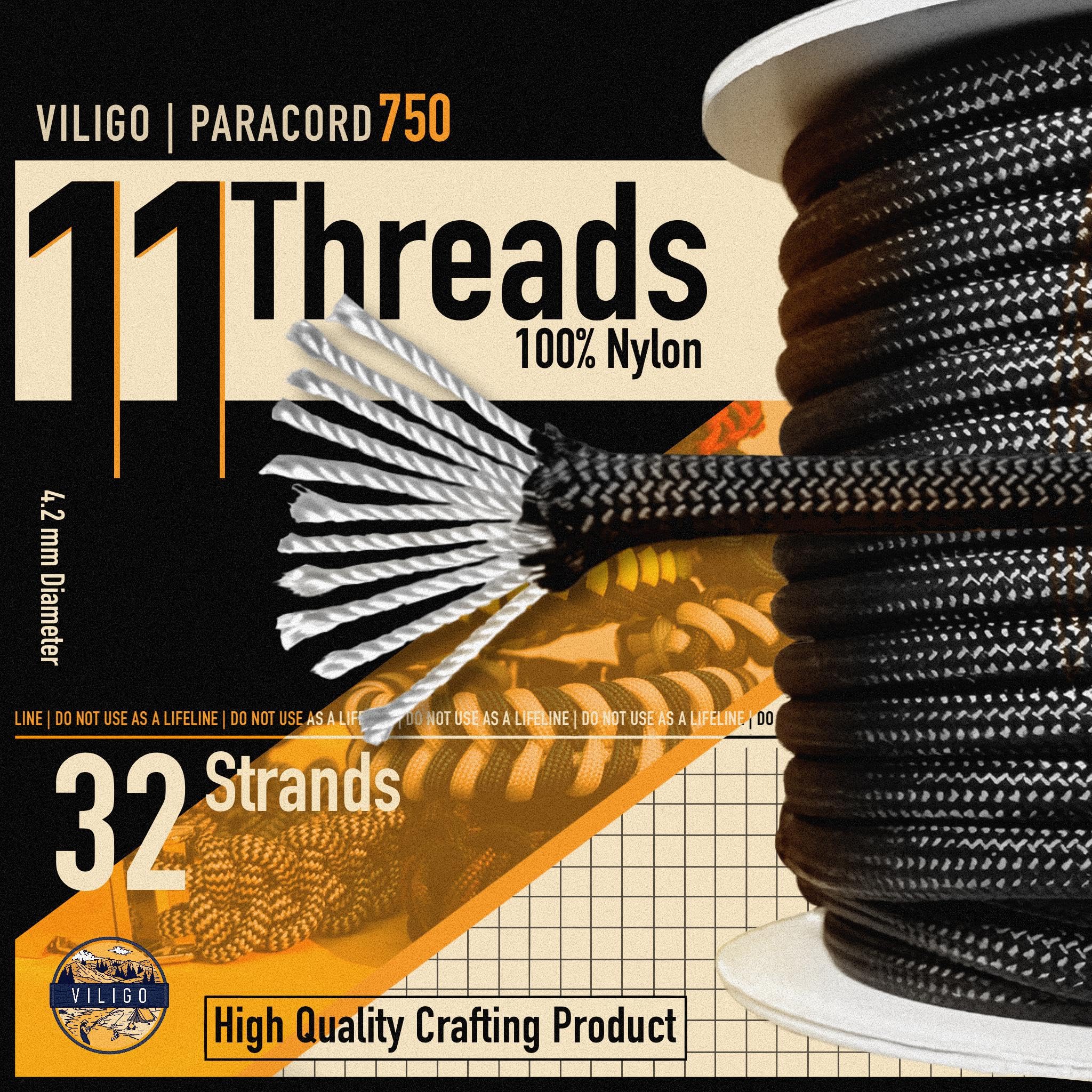 Paracord 750 - Typ IV (4,2 mm) - Nylonowy warkocz, 11 przewodów wewnętrznych - idealny do biwakowania i aktywności na świeżym powietrzu, liny uniwersalnej (15 m, oliwki)