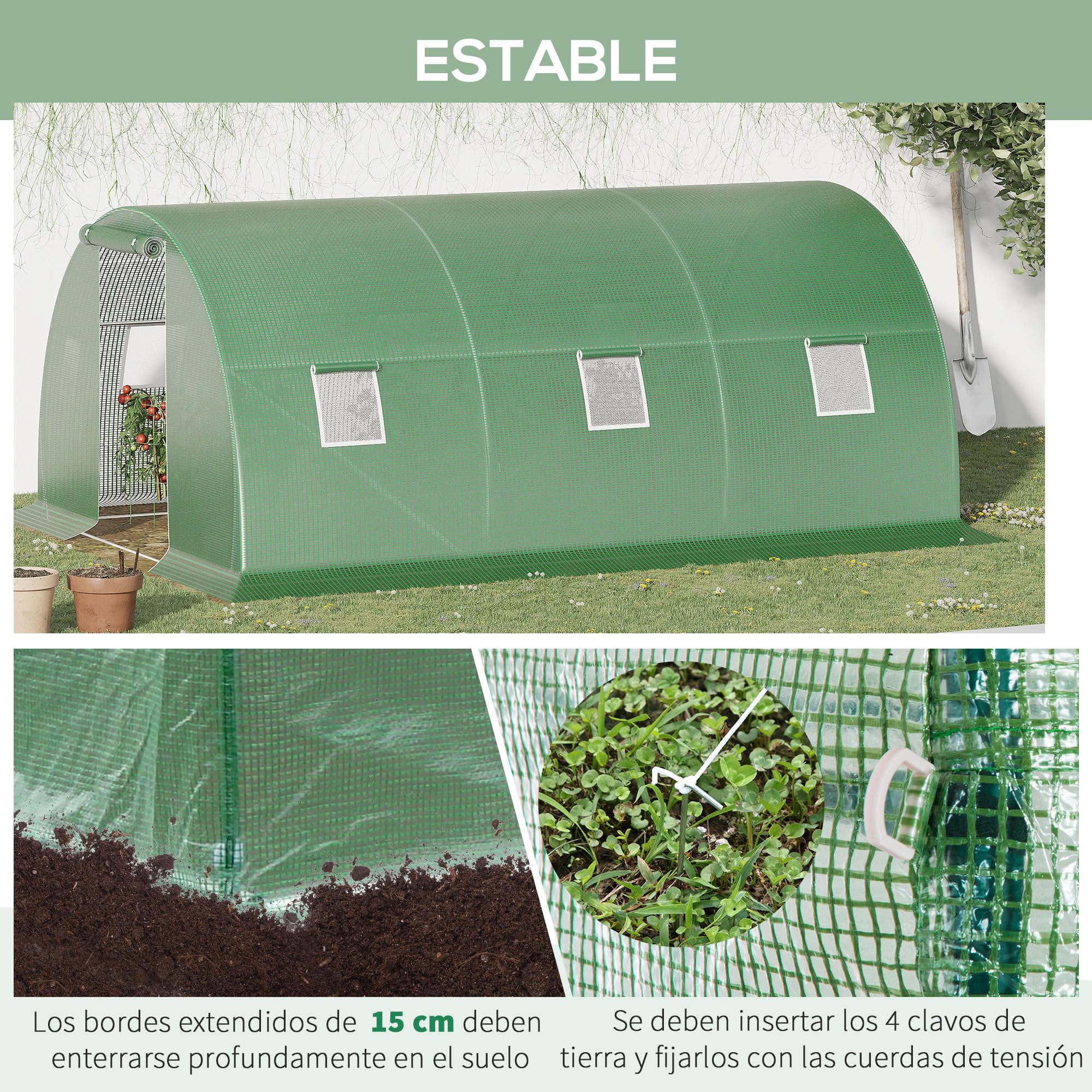 Outsunny Invernadero de Exterior 4,5x3x2 m, Invernadero de Túnel con Puerta Enrollable, 6 Ventanas de Malla, Cubierta PE 140g/m² y Marco de Acero Galvanizado, Anti-UV Impermeable, para Cultivos, Verde
