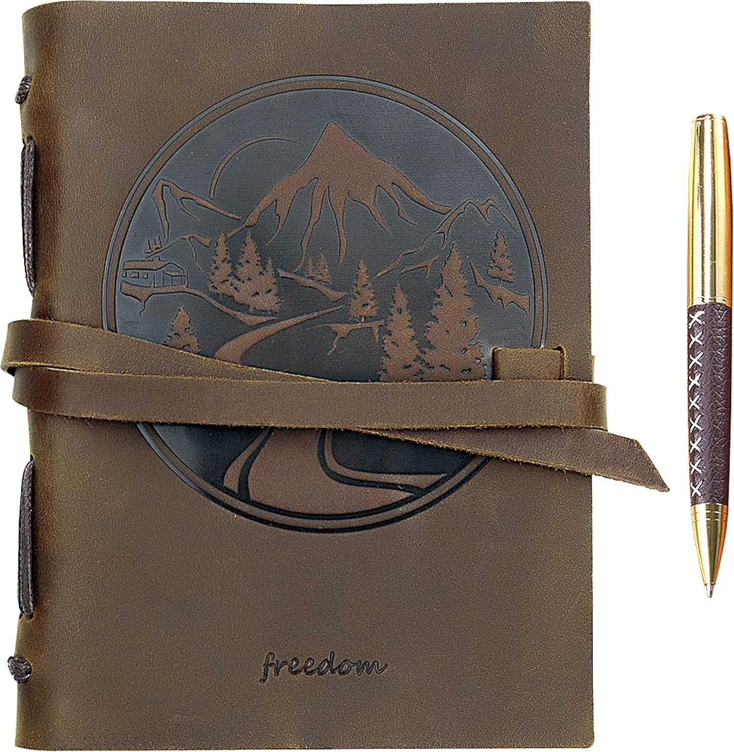 Leather Bound Journal for Men and Women, Handmade Gift Set with Mountain Embossed Journal and Stylish Pen, Vintage and Classic, Notebook, Sketchbook, Planner and Diary (300 Pages) (8x6")
