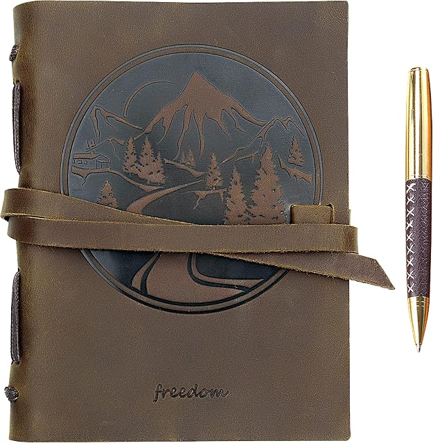 Leather Journal Mountain Notebook Embossed Handmade Travel Diary, A5 Vintage Writing Bound for Men For Women Genuine Antique Rustic Leather 6"x8" Engraved Paper Perfect for Notes Sketchbook + Pen