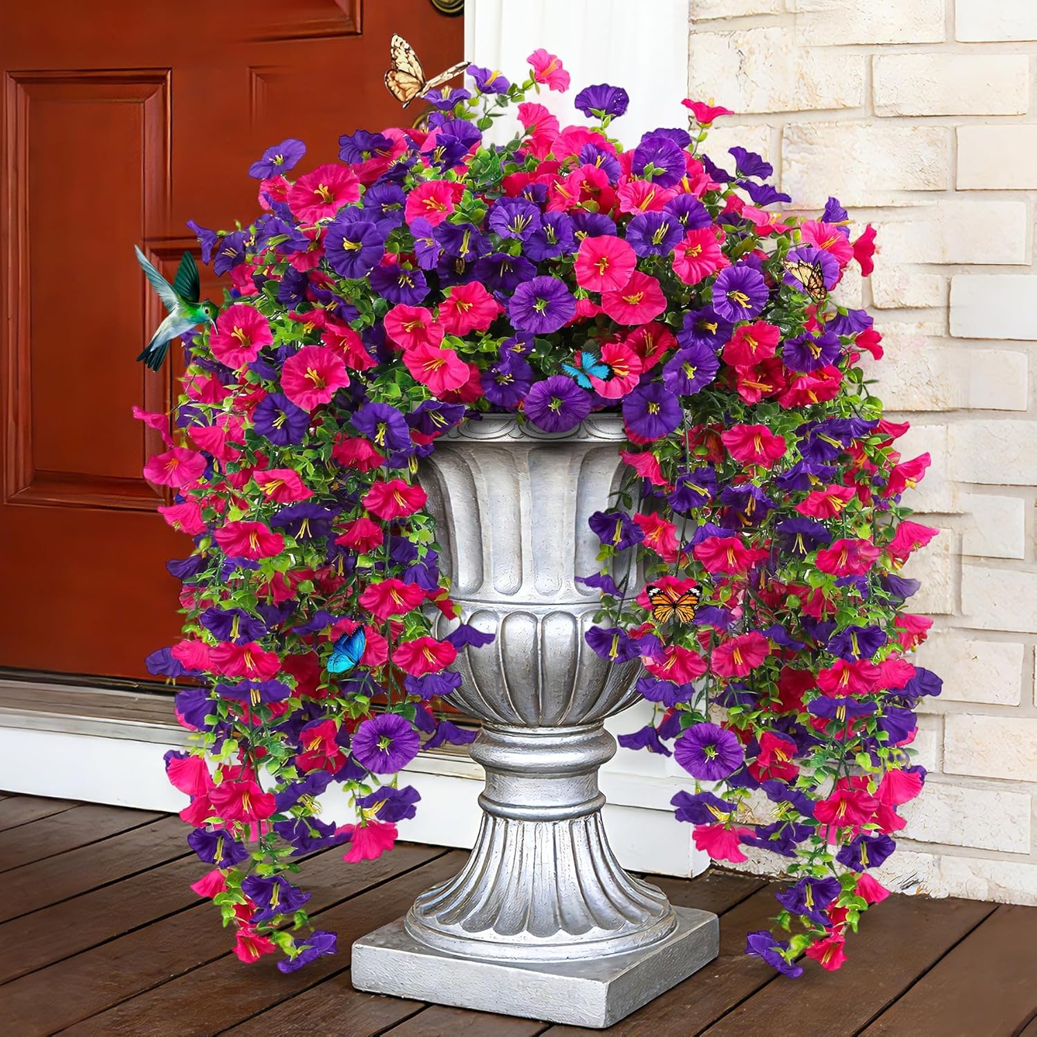 UV Resistant Cascading Artificial Hanging Flowers for Outdoors Decoration,4 Bundles NO Fade Realistic Faux Silk Plants Colorful Morning Glory for Outside Garden Yard Planter Front Porch Decor
