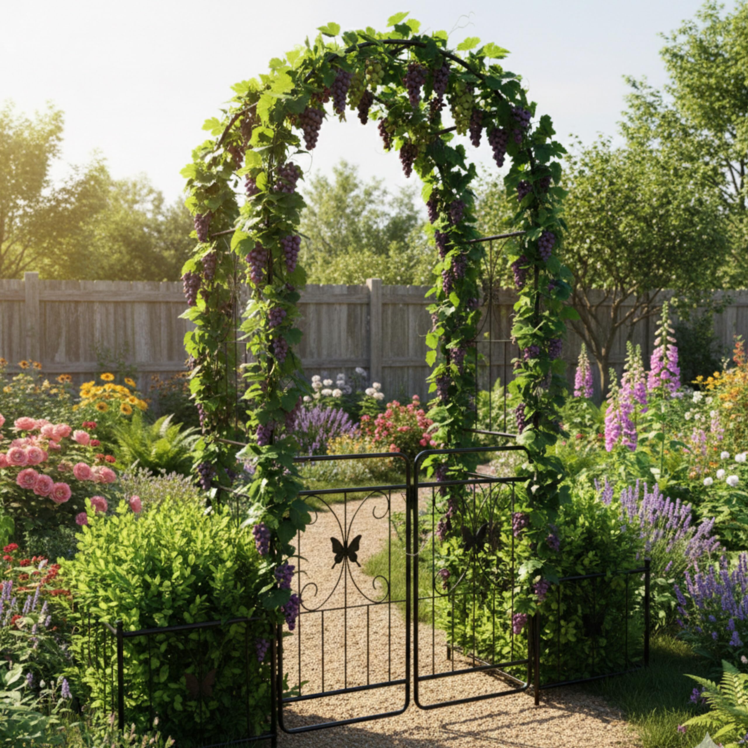Relaxdays Arche Ronde en métal avec portillon Double et 2 jardinières, 220 x 202 x 50 cm, Noir