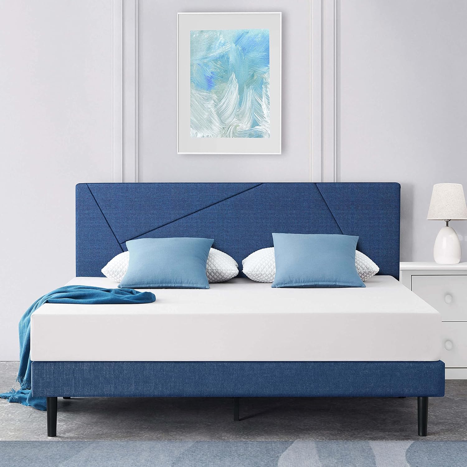 Molblly Full Size Platform Bed Frame with Headboard and No Box Spring Needed, Non-Slip Without Noise, Strong Weight Capacity, Easy Assembly, Strong Wooden Slats, Dark Blue