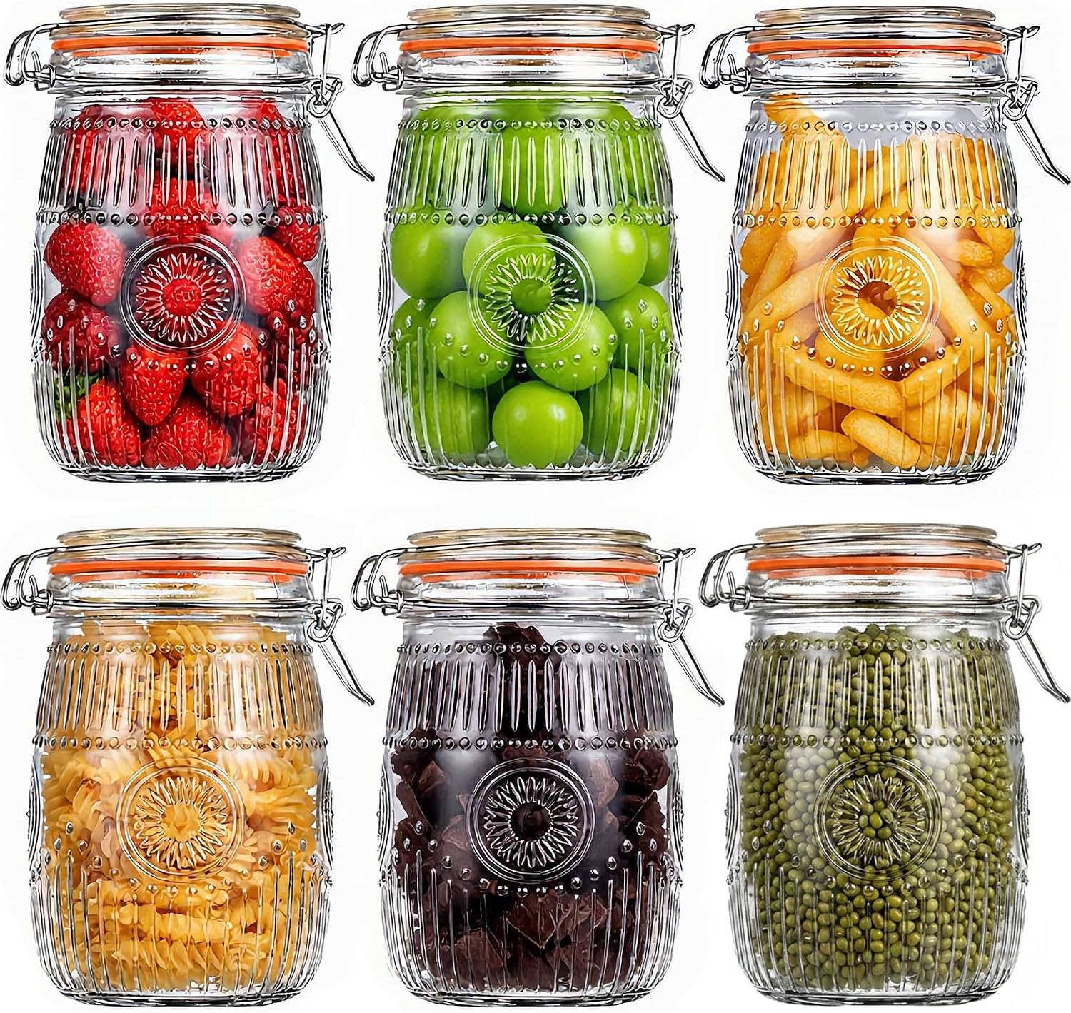 32oz Mason Jars with Airtight Lid, 6Pcs Food Storage Containers, Mixed | Wide Mouth Glass Jar for Grains, Nuts, Noodles, Coffee Beans, Snacks, Fruits