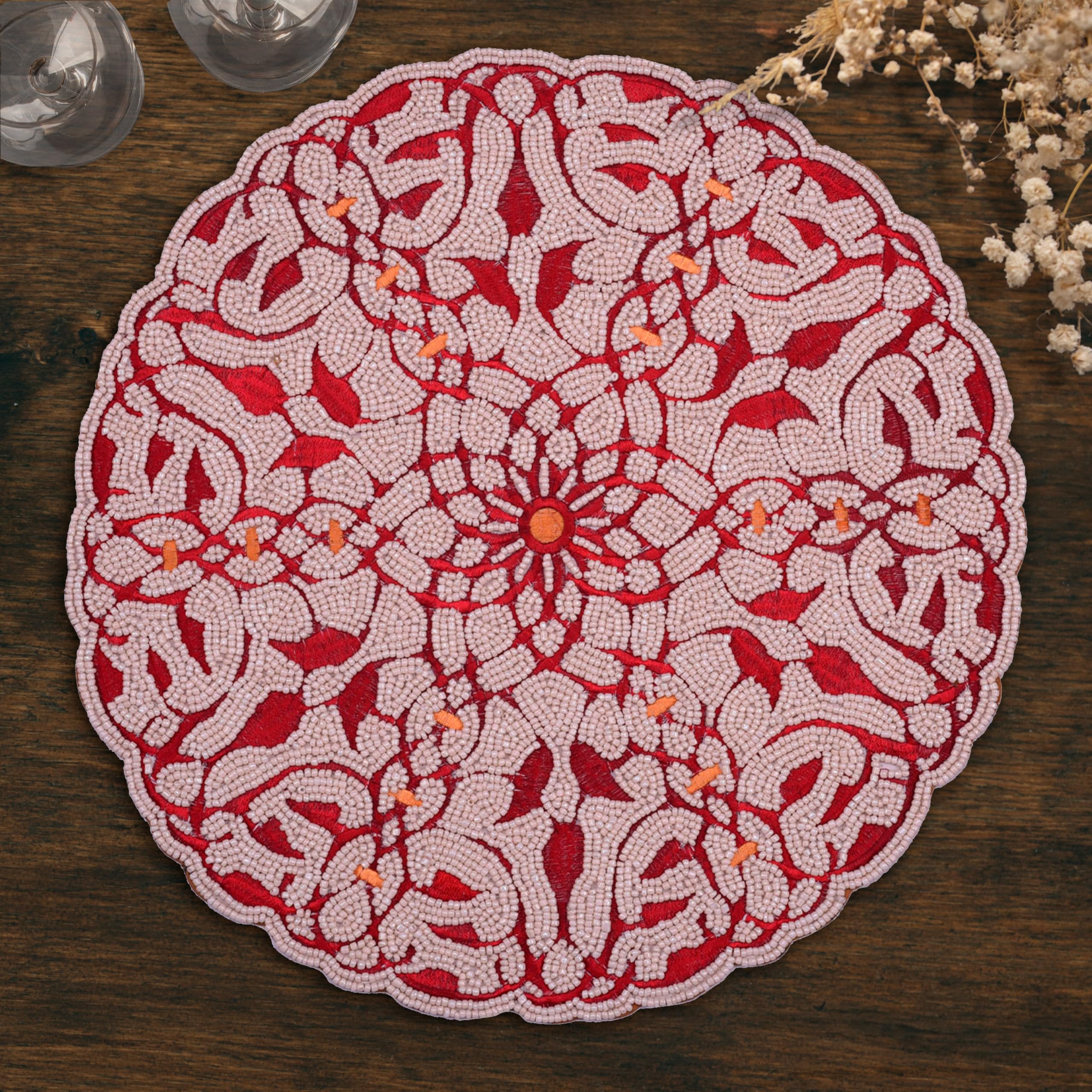 Decozen Embroidered Beaded Placemat 14" Round Set of 2 Pcs Ivory/Burgundy Glass Beaded Placemats Sequin Table Mats Glass Beads in Table Mat Heat Resistant Scratchproof and Easy to Care
