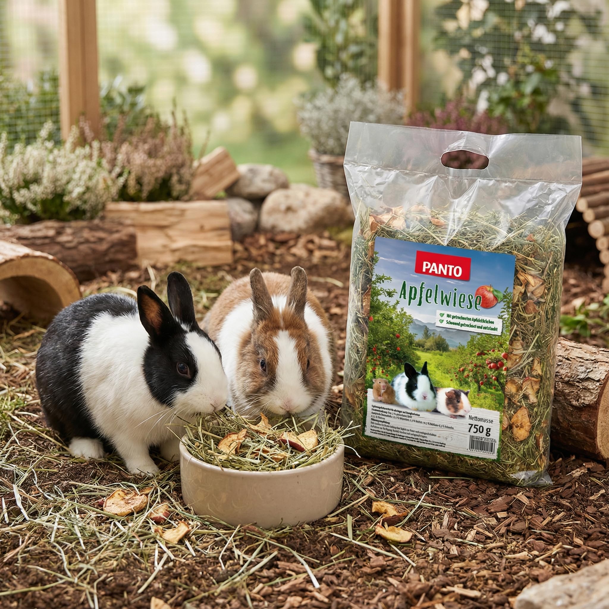 PANTO Apfelwiese 5x750g - Heu mit Apfelstücken, rohfaserreiches Nagerfutter & Kaninchenfutter, ideal zur täglichen Fütterung, fördert den natürlichen Zahnabrieb
