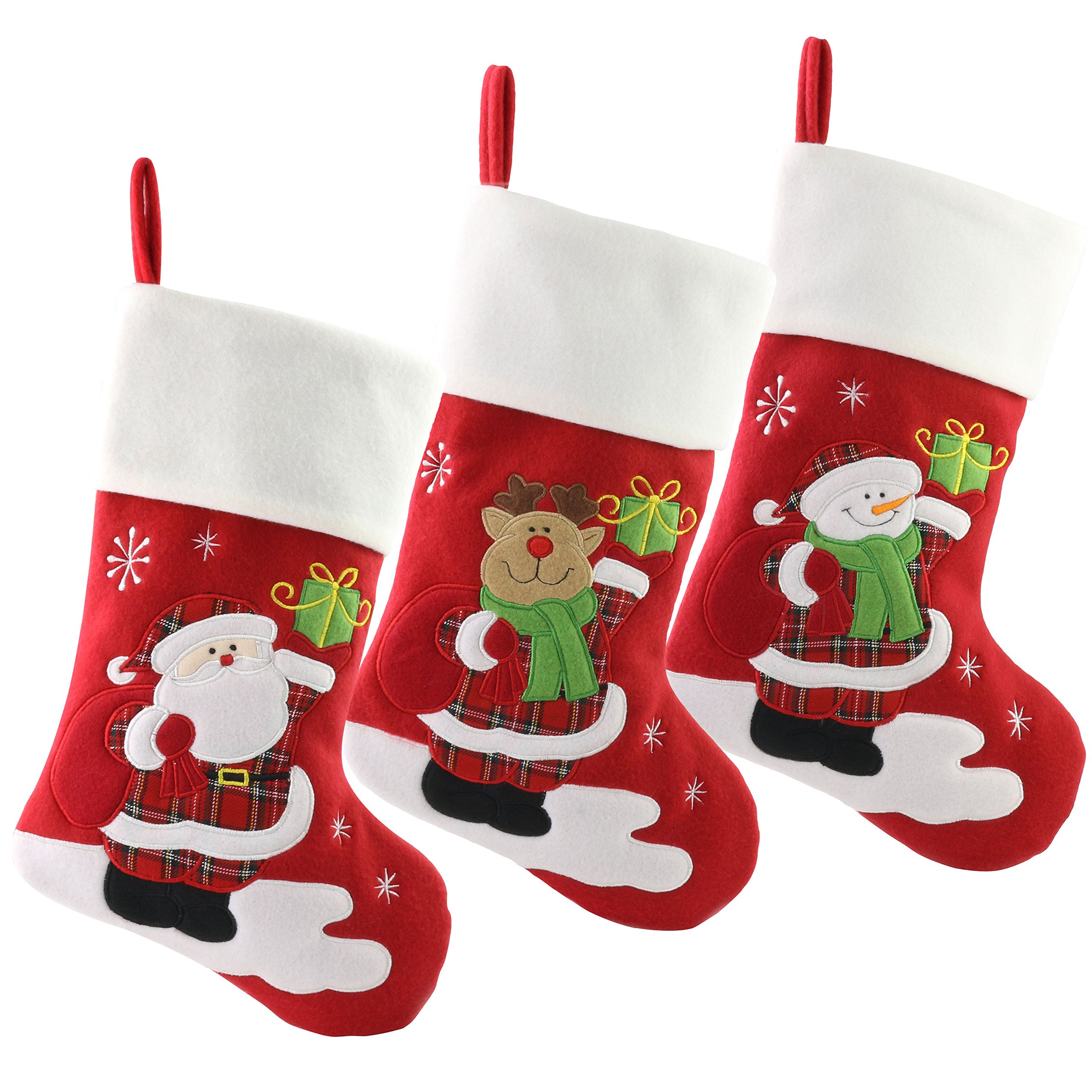 WEWILL Weihnachtsstrümpfe Set 3 Stück - Rote Strümpfe Mit Santa, Rentier & Schneemann