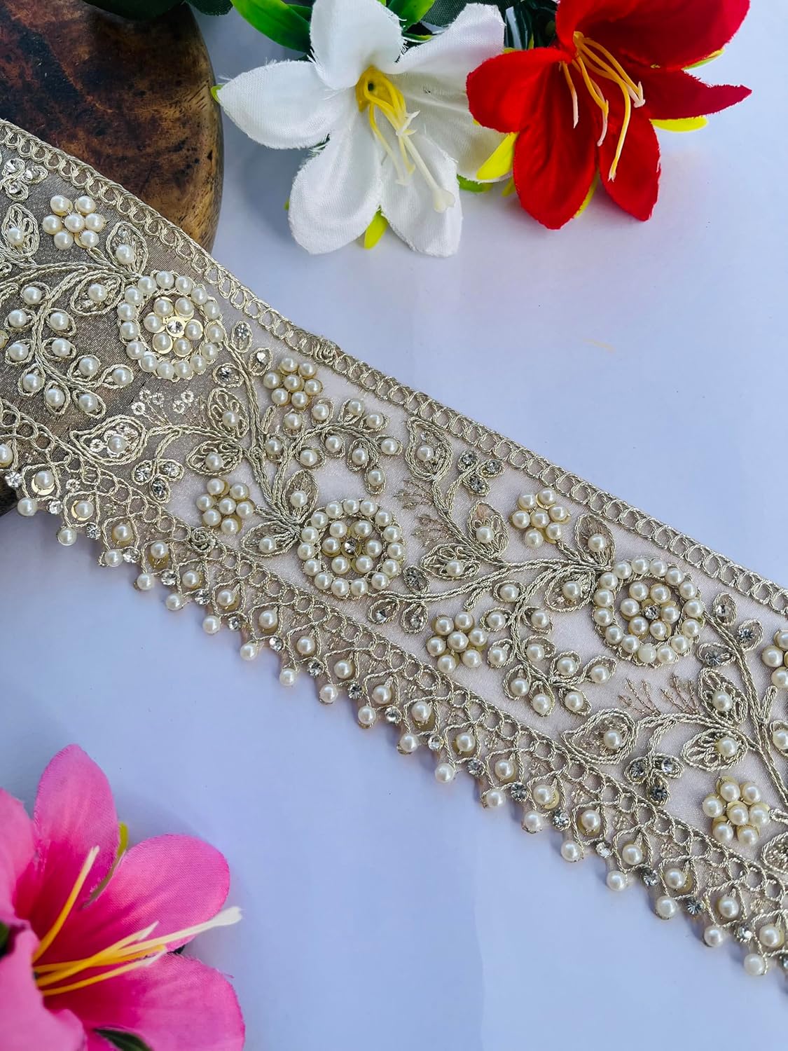 Luxury Pearl Embellished Lace Trim, 3 Inch Wide, Beaded Floral Pattern, Champagne Gold with Faux Pearls, Wedding Dress Decoration, Available in 1, 3 and 6 Yard (3)