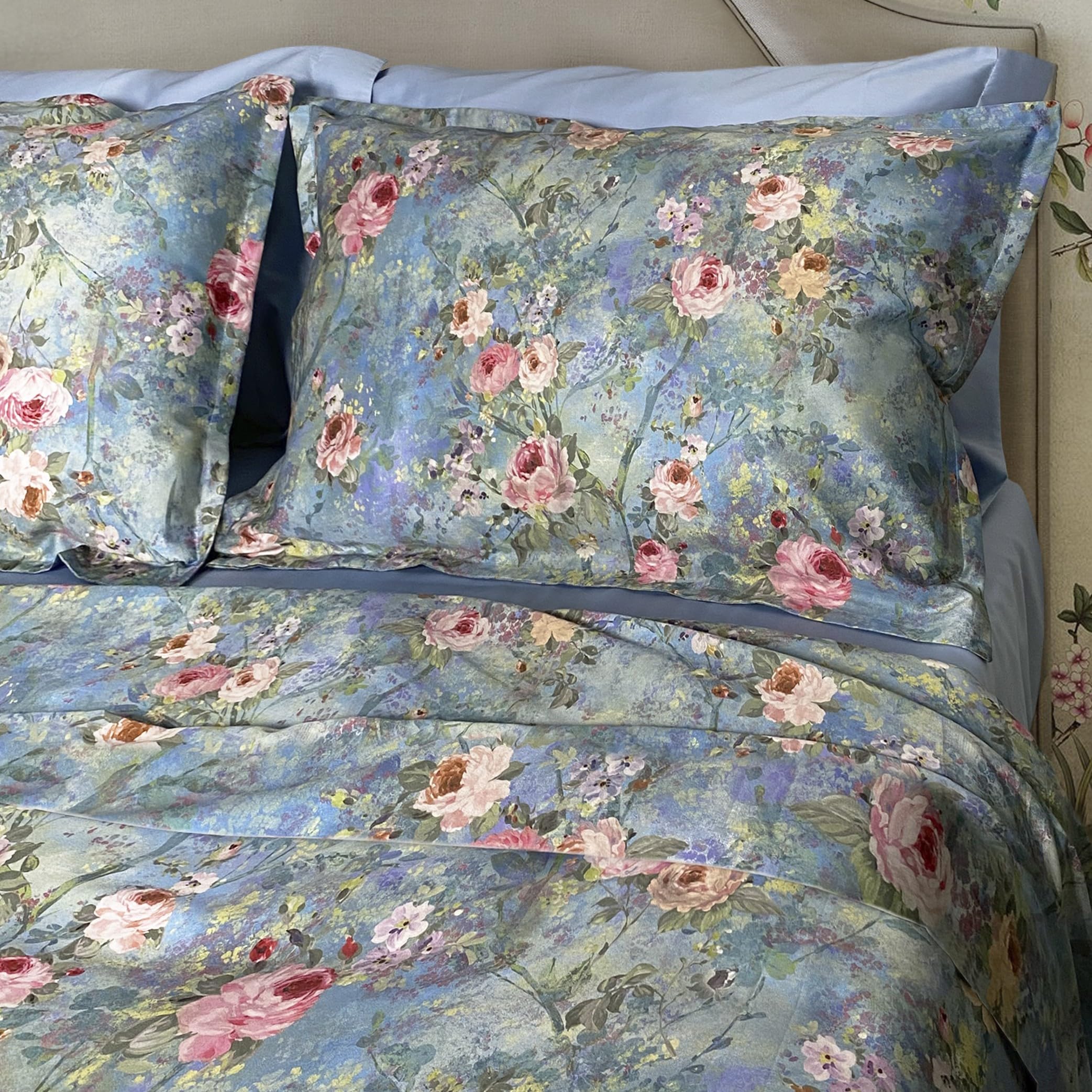 Mahome Set Lenzuola Matrimoniale Pregiato Raso di Cotone 100% 300 fili (TC) Artigianale di Lusso - Lenzuolo con Angoli 180x200x30 cm, Lenzuolo Sopra 250x290 cm, 2 Federe - Made in Italy – Elodie