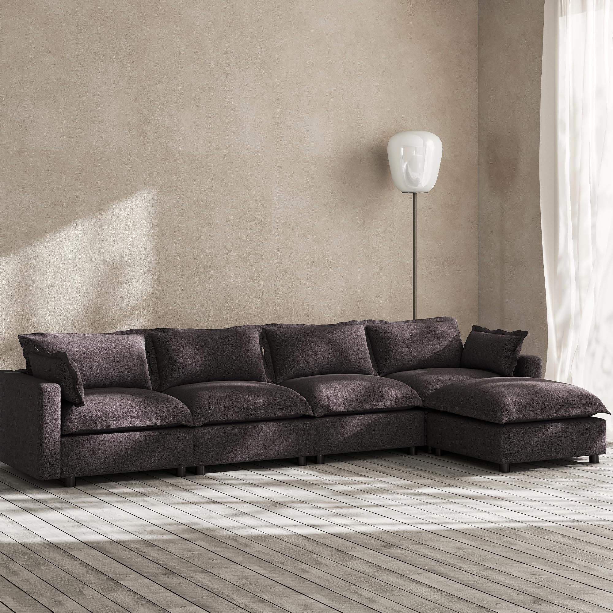 Modern Couch Modular Sectional Sofa 126" L-Shape Cloud Couch with Ottoman for Living Room Bedroom Reading Study Waitting Room, Linen Fabric-Charcoal Dark Grey