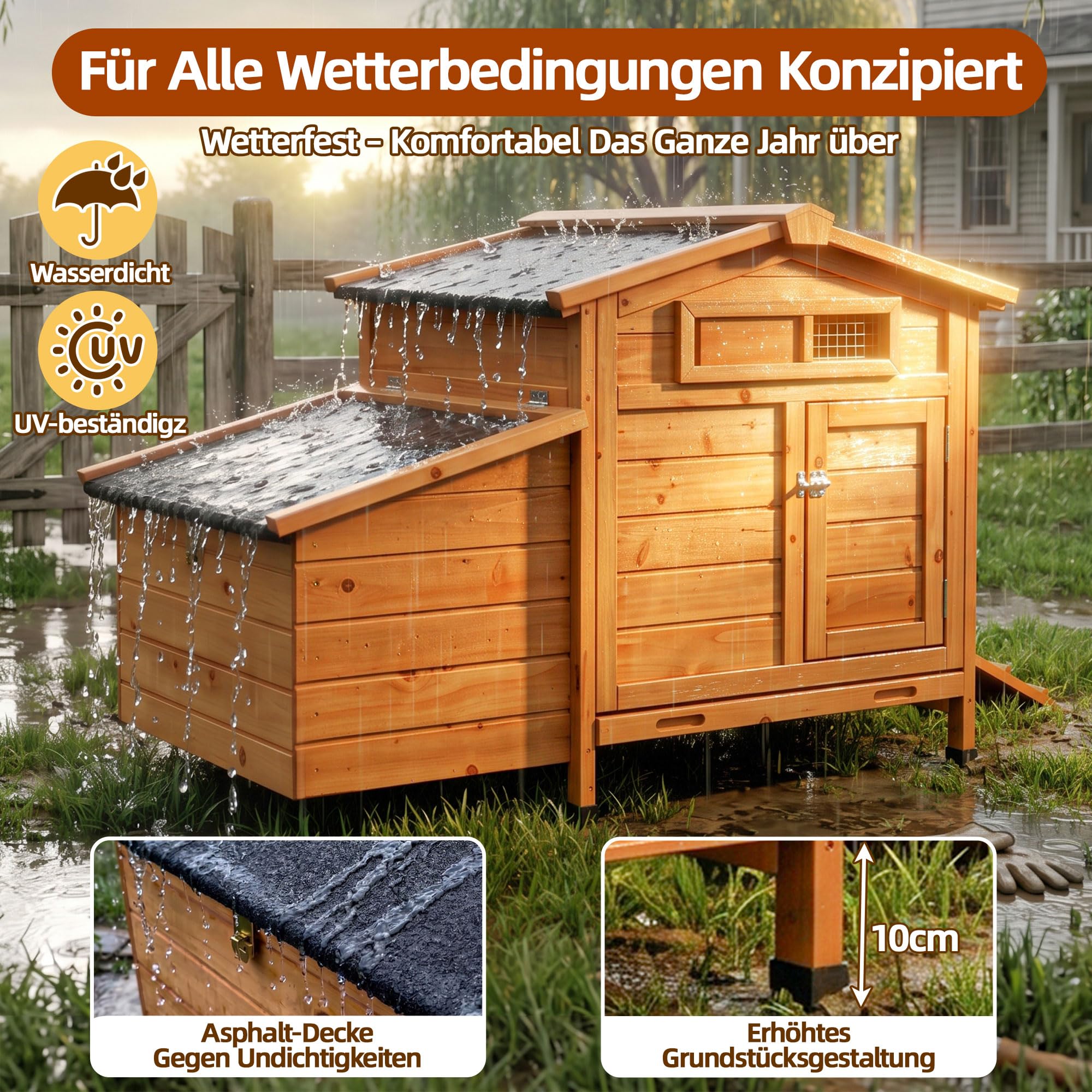 Hühnerstall Winterfester & isolierter aus Massivem Holz Hühnerhaus für 2-3 Hühner Legenest Hühnergehege mit 2 Nistkästen Entenhaus Hühnervoliere Kleintierstall mit Wetterfest Dach Verzinkte Paletten