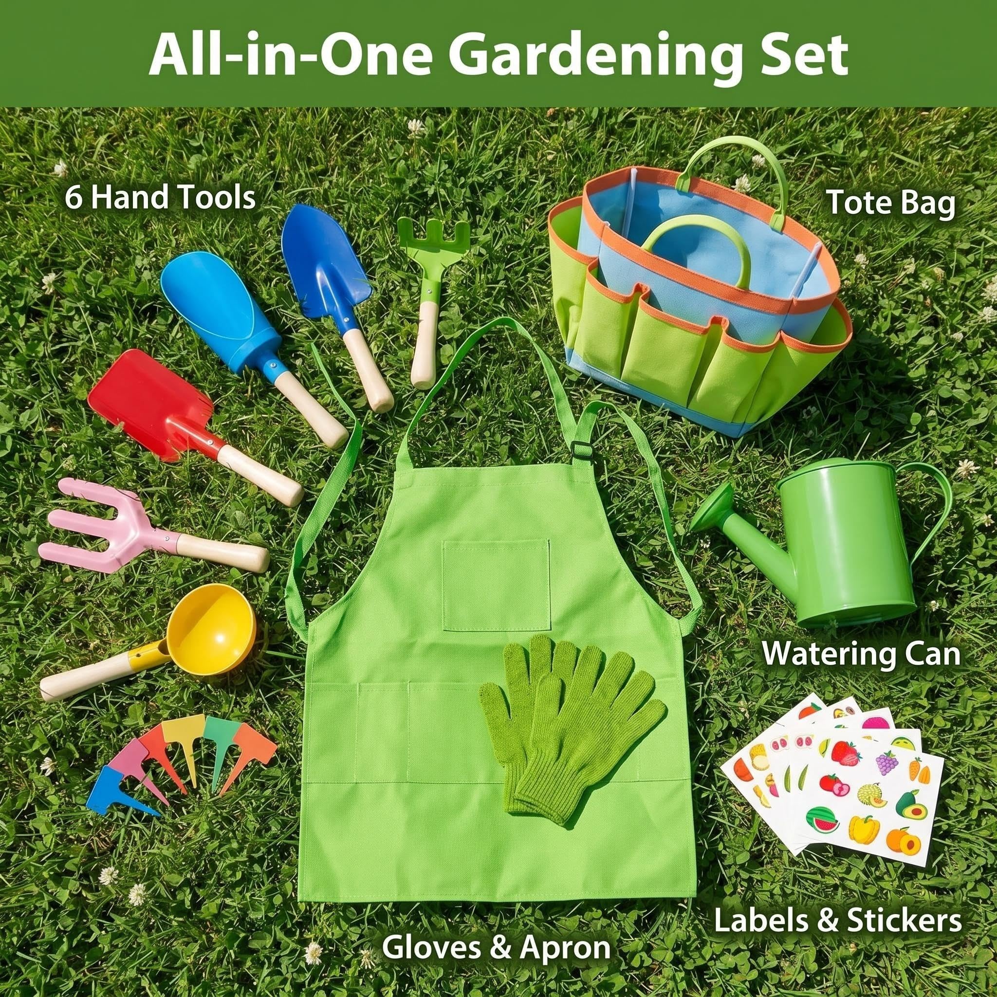 KAHEIGN Lot de 12 outils de jardinage pour enfants, cuillère, fourchette, truelle, râteau, pelle cylindrique avec sac fourre-tout, arrosoir, gants, tablier, étiquettes de plantes, autocollants pour