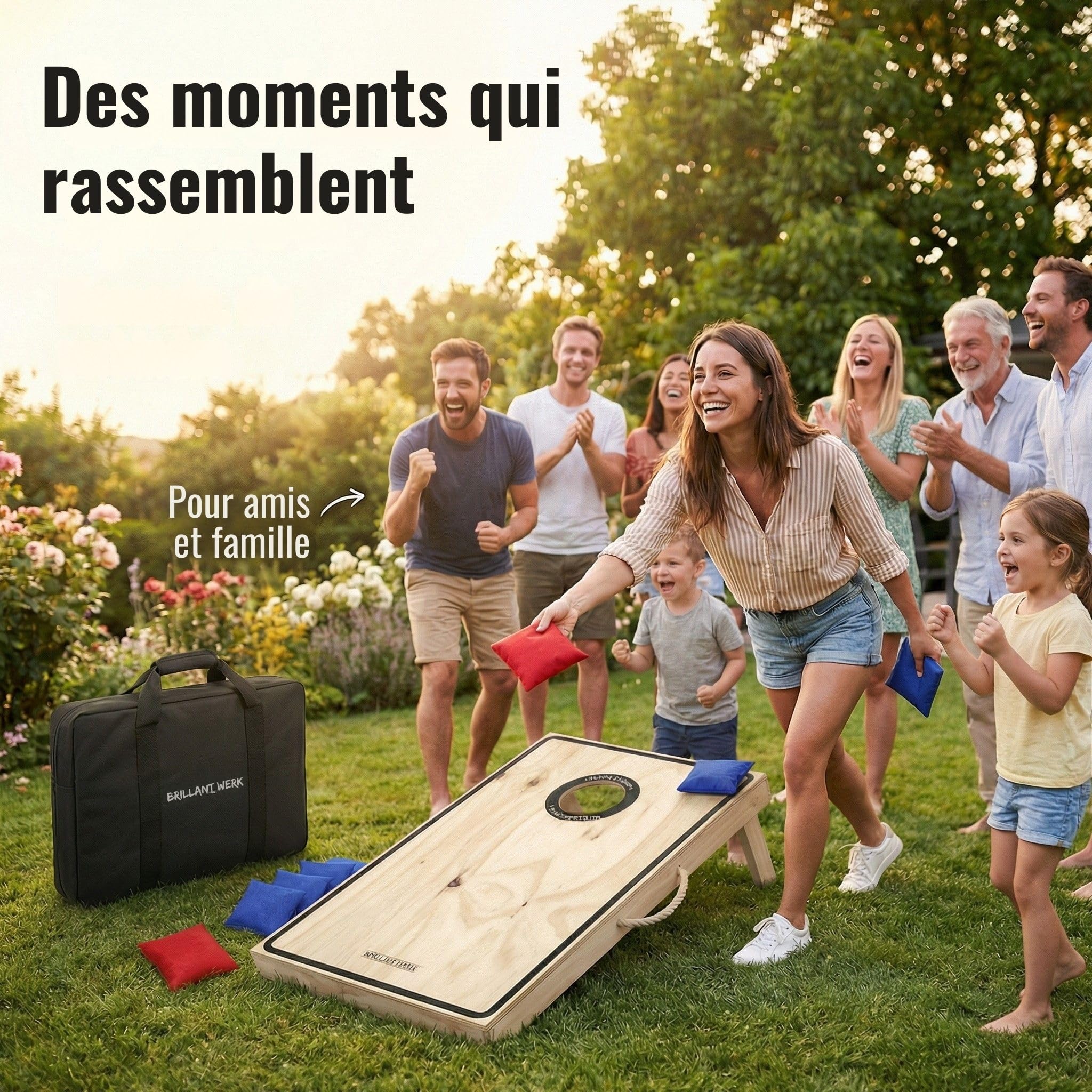 Briliantwerk® Cornhole – Set Complet Officiel en Bois avec 2 Planches, 8 Sacs & Housse | Jeu de Lancer extérieur pour Adultes & Enfants – Idéal Jardin & Plage