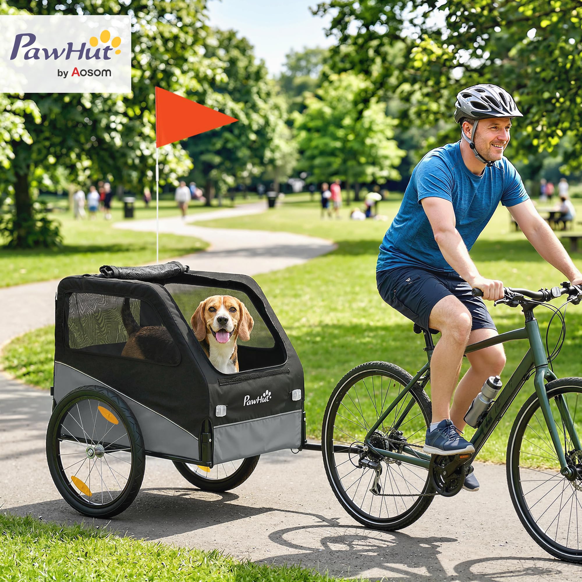 PawHut Remorque Vélo Chien avec Pneus 20" en Caoutchouc à Dégagement Rapide, Chariot pour Chien Moyen avec Attache Universelle, Réflecteurs, Drapeau, Laisse, Charge 20 kg, Gris et Noir