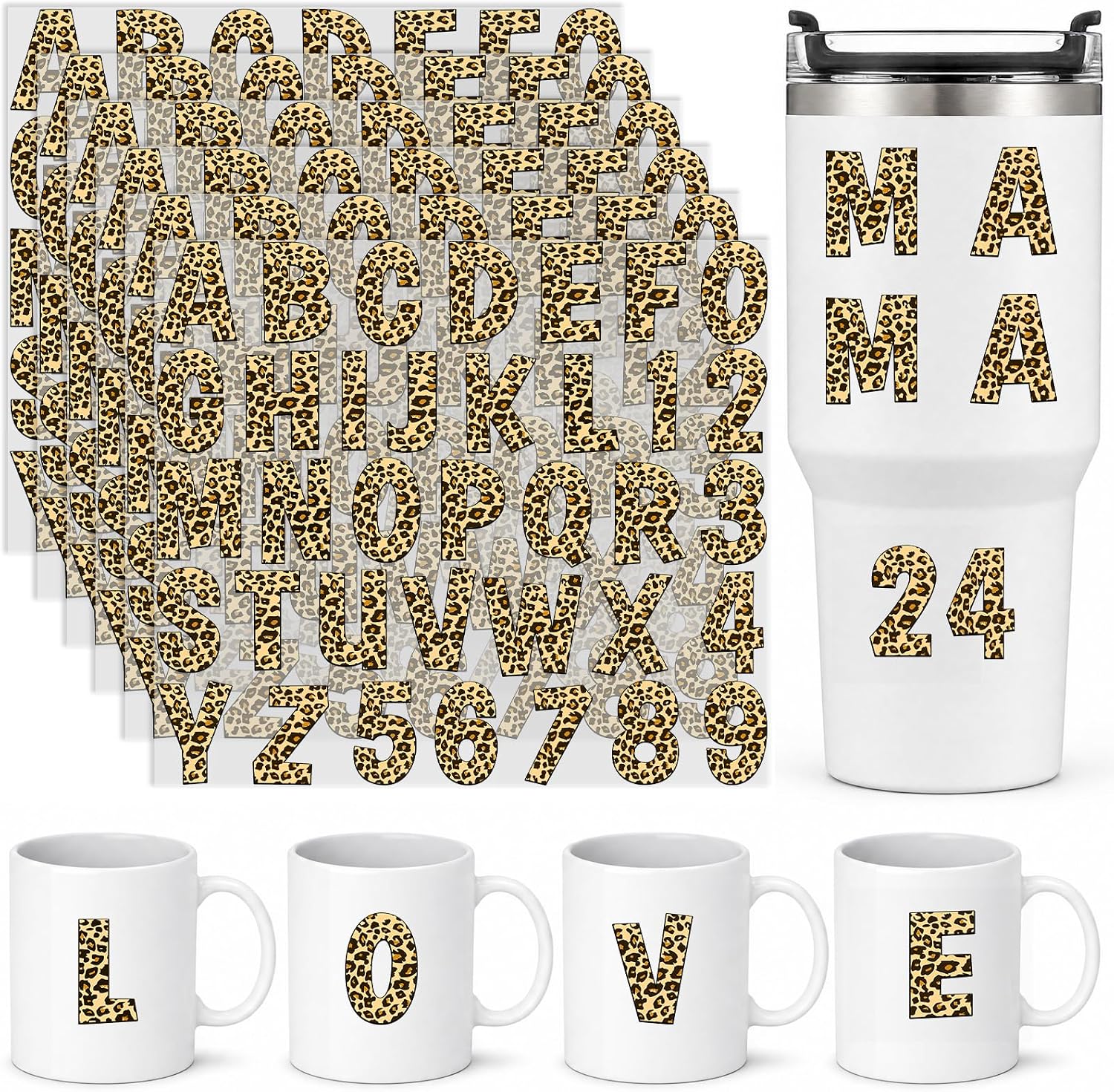 216 Pieces 6 Sheets Leopard Print Letter Stickers and Number Stickers