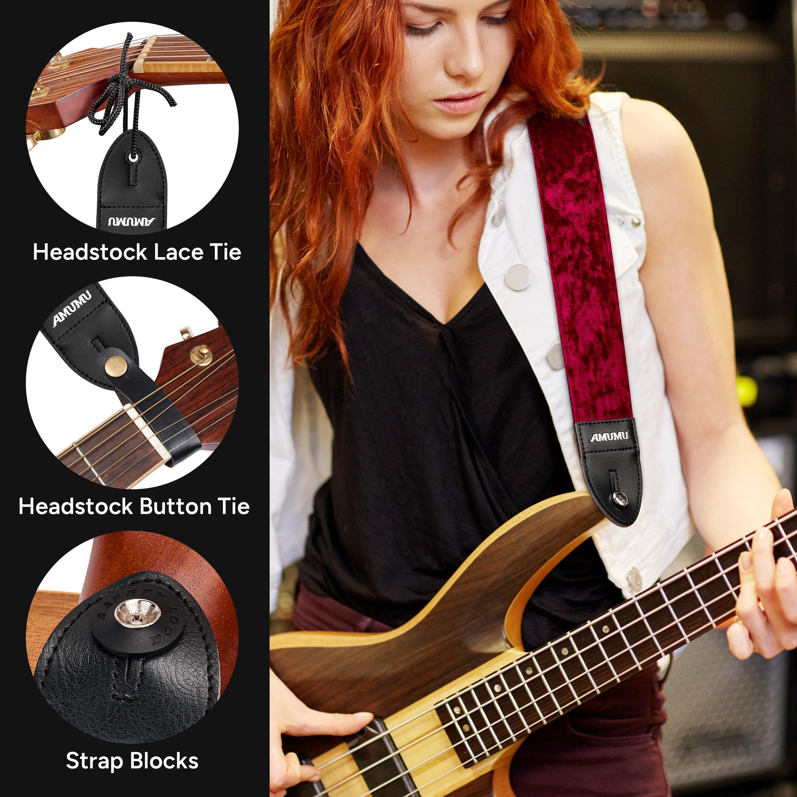 Amumu Sangle de guitare en velours floqué avec extrémités en cuir microfibre – Accessoires de guitare – Convient aux guitares acoustiques, basses, électriques