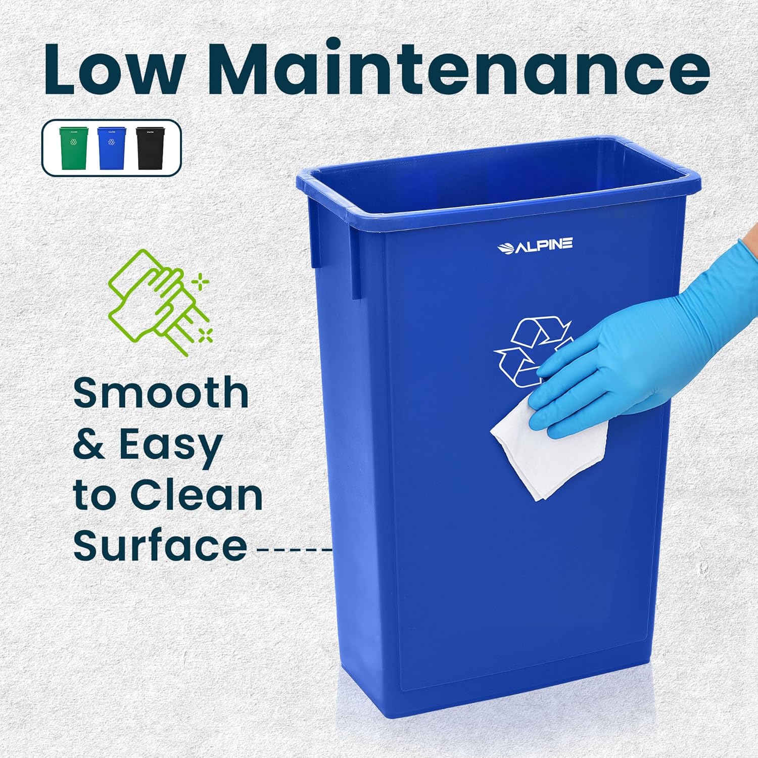 Alpine 23 Gallon Slim Recycling & Trash Bin Set – 3-Pack Blue/Black/Green Plastic Narrow Open-Top Garbage Cans for Office, Home, School & Commercial Use