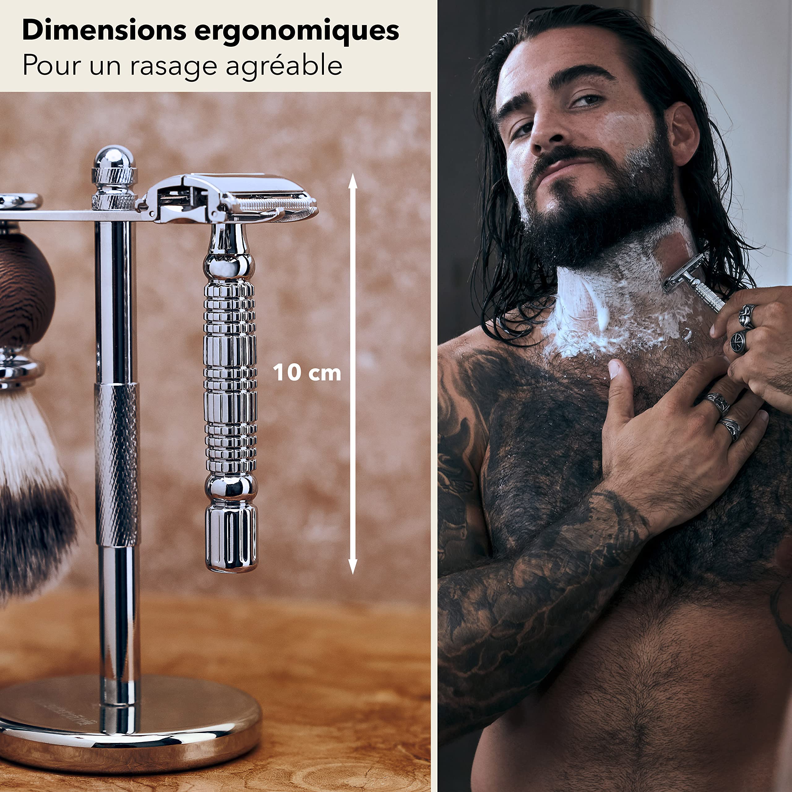 Störtebekker Rasoir de sûreté homme, étui cuir fait main - Set rasage, avec 10 lames de rasoir - Étui voyage et miroir intégré - Rasoir homme manuel - Rasoir homme (Argent - Café)