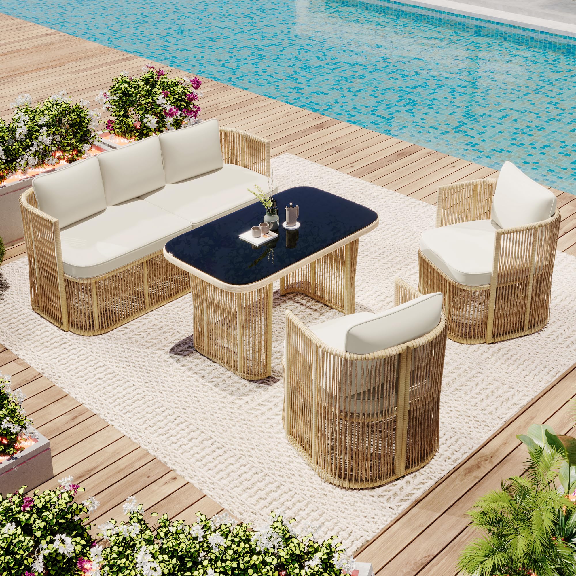 Conjunto de Jardin Exterior de Ratán para 5 Personas, 4 Piezas, Set Muebles Jardin con Mesa y 2 Sillones, Sillas con Cojines, Juego de Muebles de Jardín para Patio Terraza (Beige + Negro)