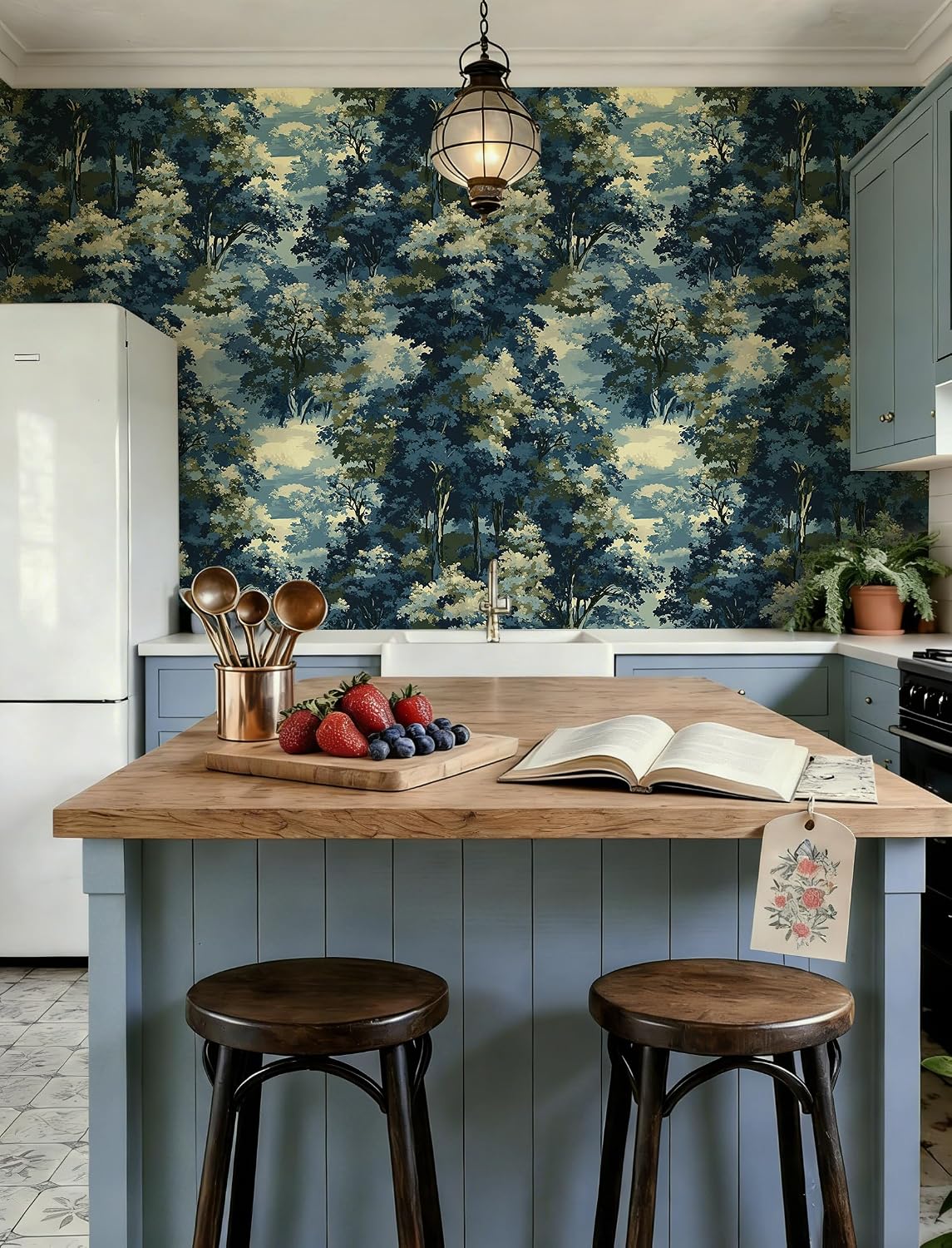 Forest Peel and Stick Wallpaper Blue and Green Contact Paper Tree Wall Paper Woodland Botanical Wallpapers Self-Adhesive Removable Waterproof for Bedroom Bathroom Cabinet Vinyl 17.3" x 197"