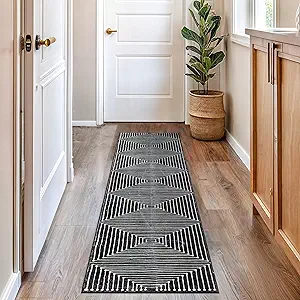 Rugshop Marbella Bohemian Stripes Washable Non Slip Runner Rug 2' x 10' Black