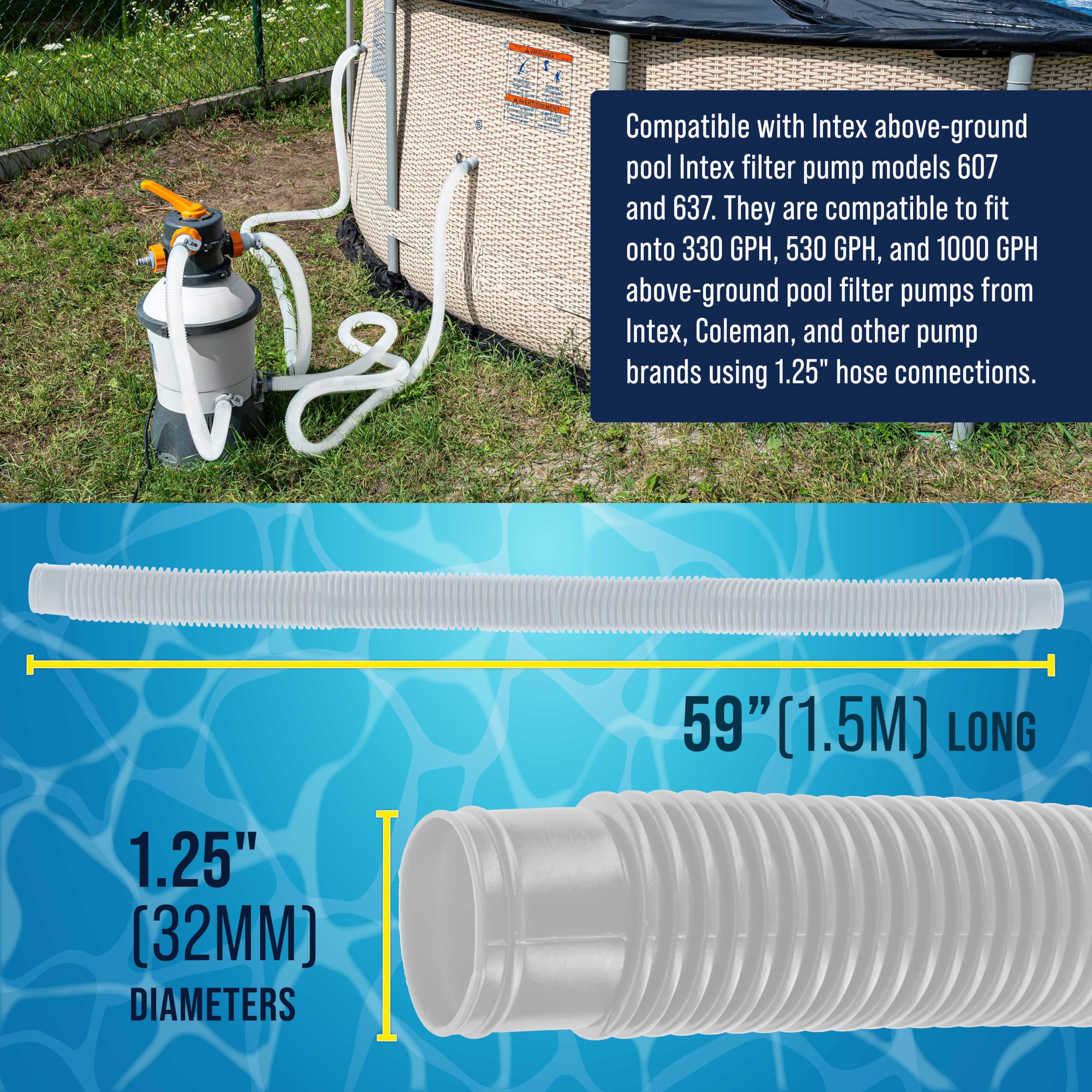U.S. Pool Supply Manguera de repuesto para piscina sobre el suelo, 3,17 cm de diámetro x 150 cm de largo, paquete de 3 mangueras de bomba de filtro de piscina blancas compatibles con bombas Intex 607