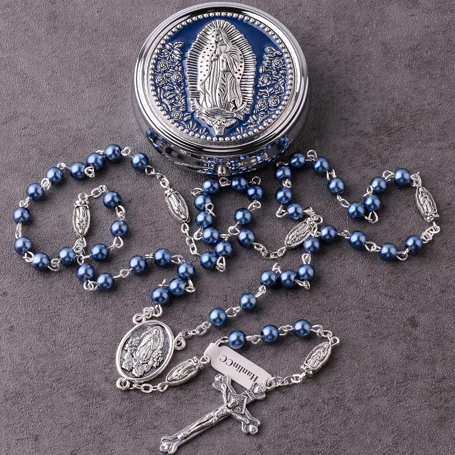 HanlinCC 6mm Glass Pearl Beads Catholic Our Lady of Guadalupe Rosary Necklace for Women and Men with Virgin Mary Center Piece and Crucifix with Metal Gift Box - Image 9