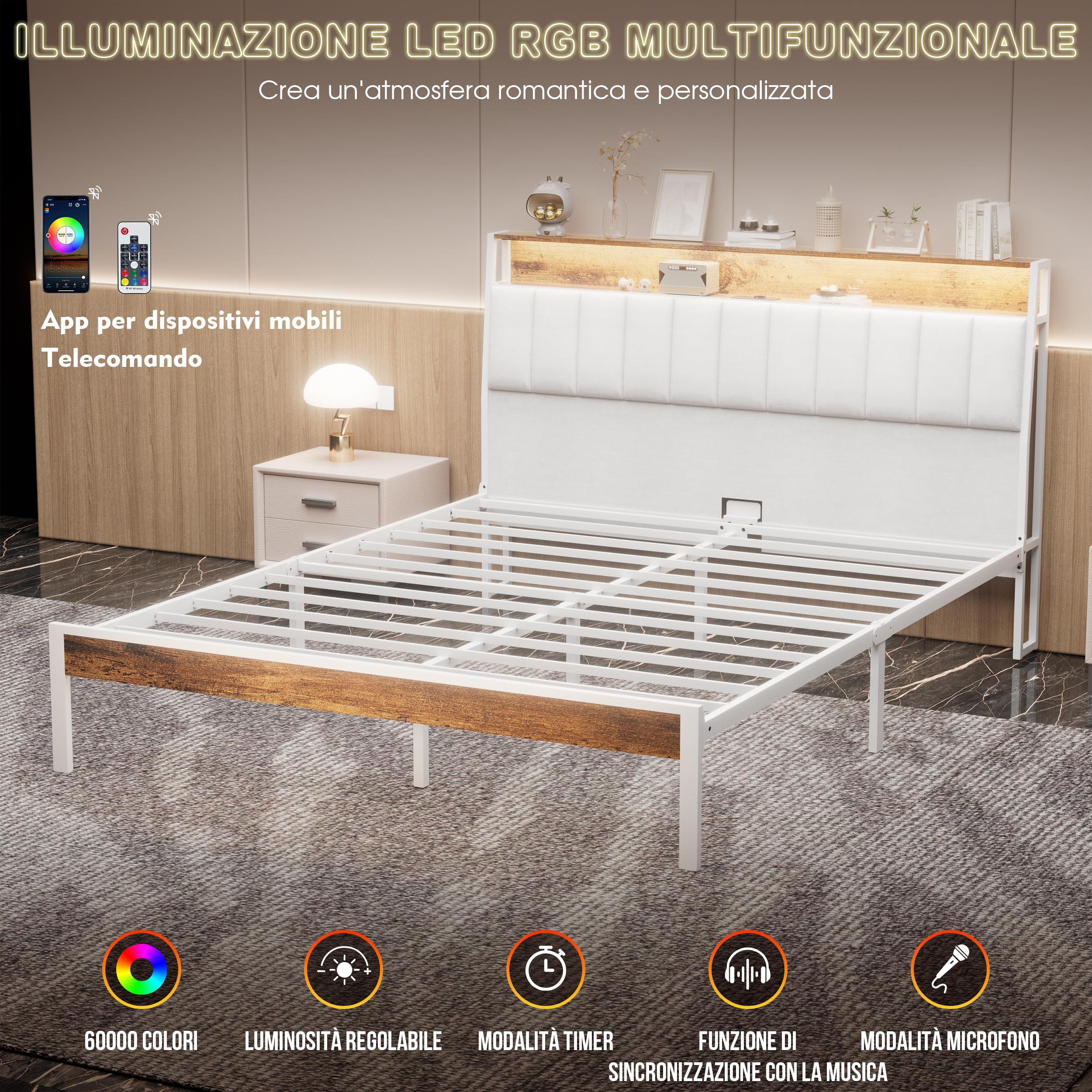 DEWINNER 160x200 Struttura Letto Con Illuminazione A LED, Letto Matrimoniale Con Testiera Contenitiva, Dotata Di Prese Multiple (1 Presa CA, 2 Porte USB), Struttura Robusta, Tessuto Di Lino Bianco
