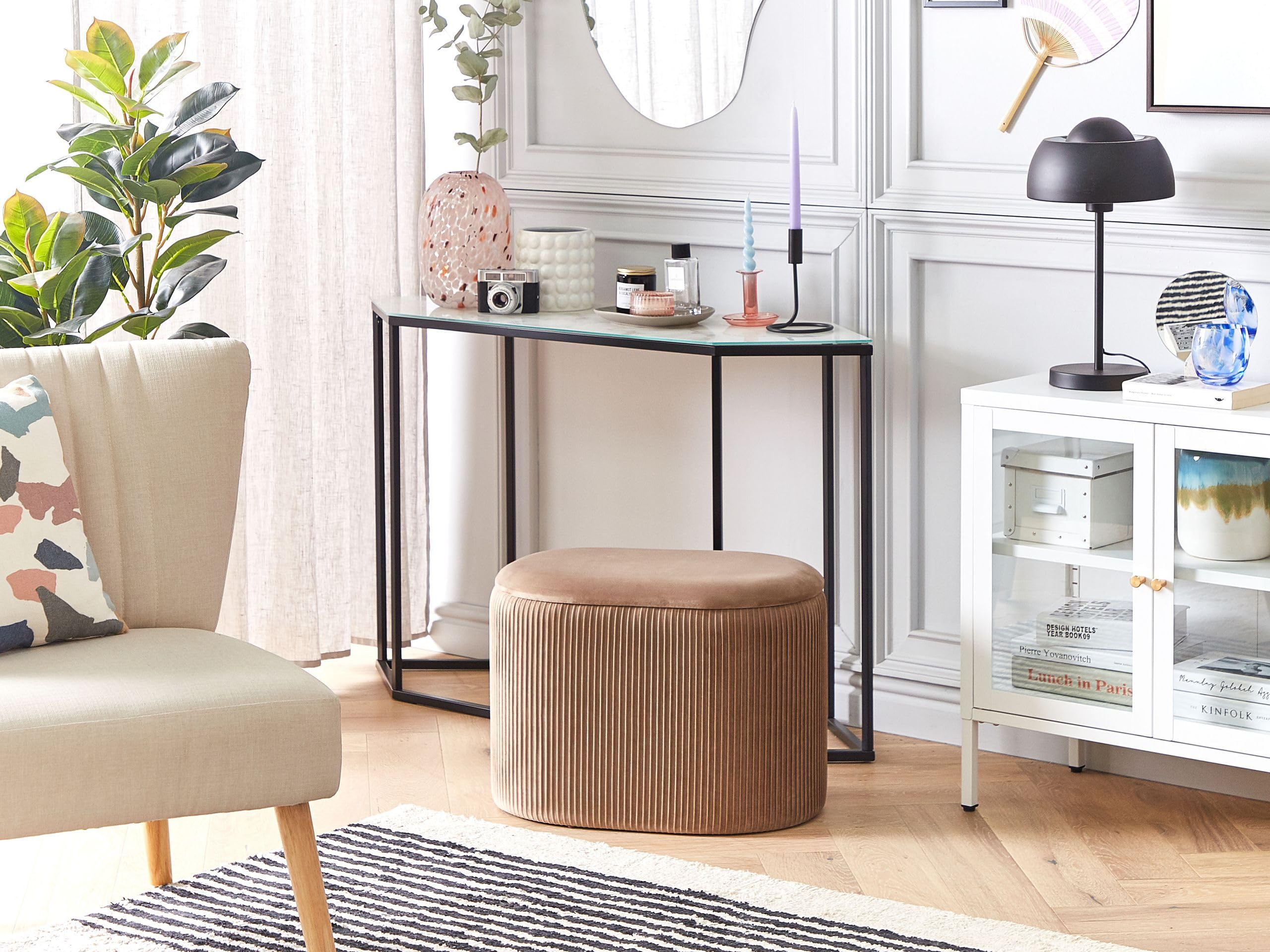 Beliani Puf de Terciopelo Beige almacenaje reposapiés Glamour Sala de Estar Dormitorio Richland