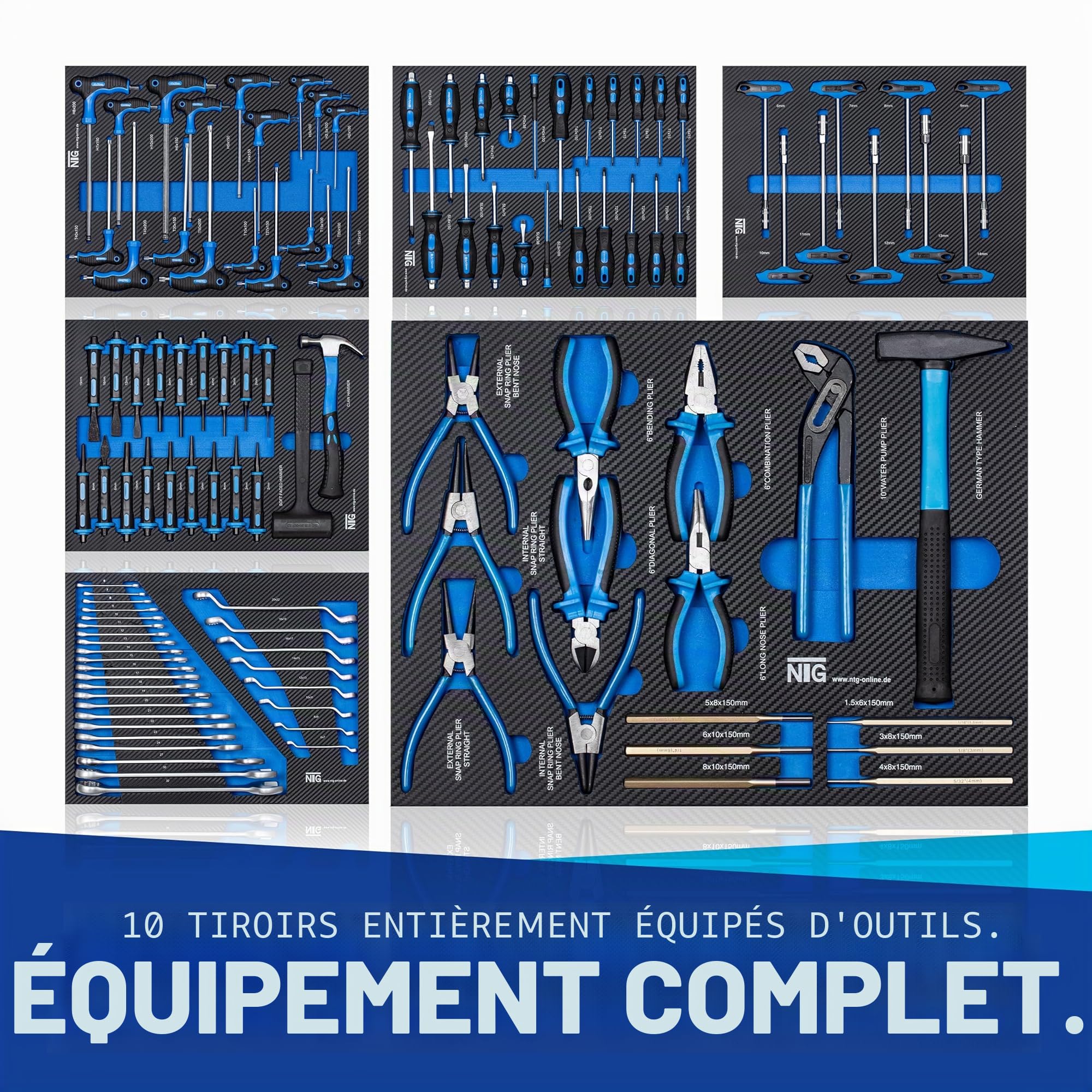 NTG Chariot à Outils XXL équipé d'outils | 457 pièces | +12 tiroirs verrouillables | Dont 10 avec Outils | avec incrustations Souples en Optique Carbone | Chariot d'atelier Caisse à Outils