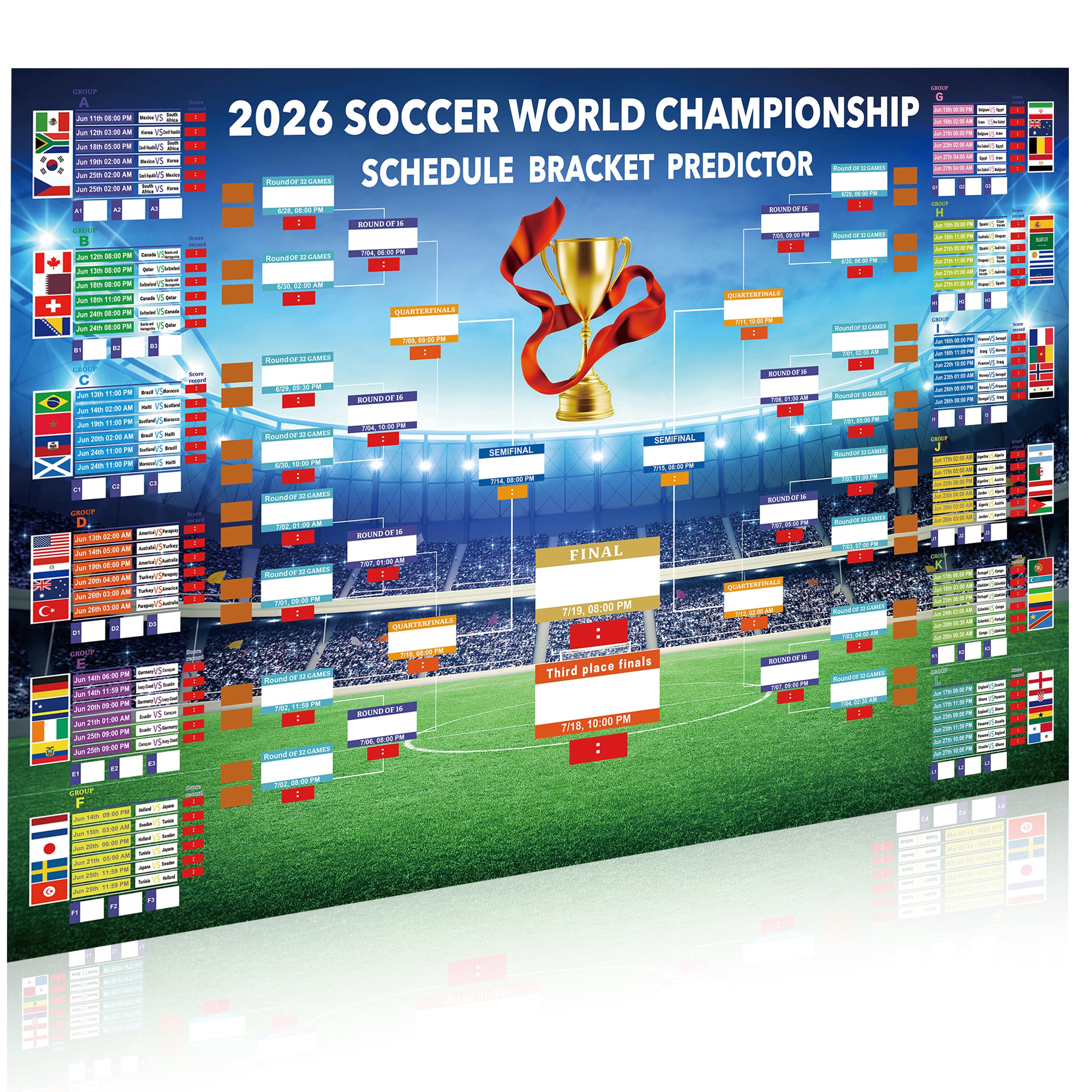 World Cup 2026 Football Wall Chart Schedule Poster,48 teams Tournament Schedule Soccer Matches Wallchart for Home Office Bar Football Club Party Decorations Fans Gifts Wall Calendar(90cm x 60cm)