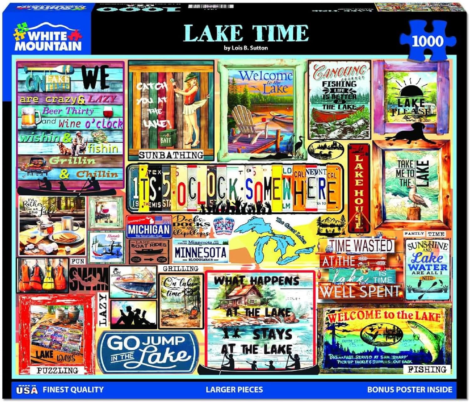 White Mountain 1000 Piece Jigsaw Puzzle Lake Lover Quote Collage Puzzles with Large Pieces Gift for Adults and Family 24"x30" - Lake Time
