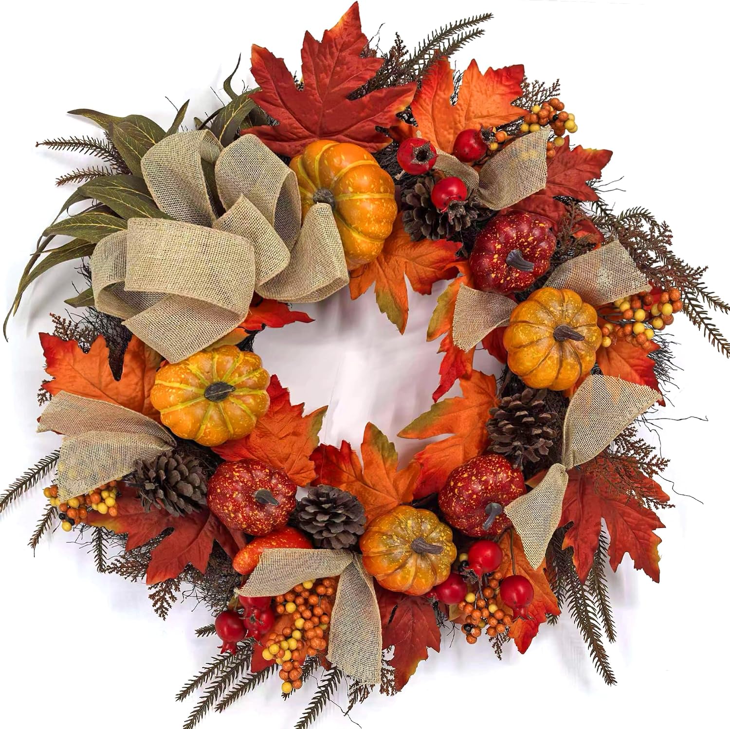 24" Fall Wreath for Front Door with Pine Cones - Rustic Autumn Maple Leaf Wreath with Pumpkins, Berries & Burlap Bow - Farmhouse Thanksgiving Decor for Outdoor Indoor Use