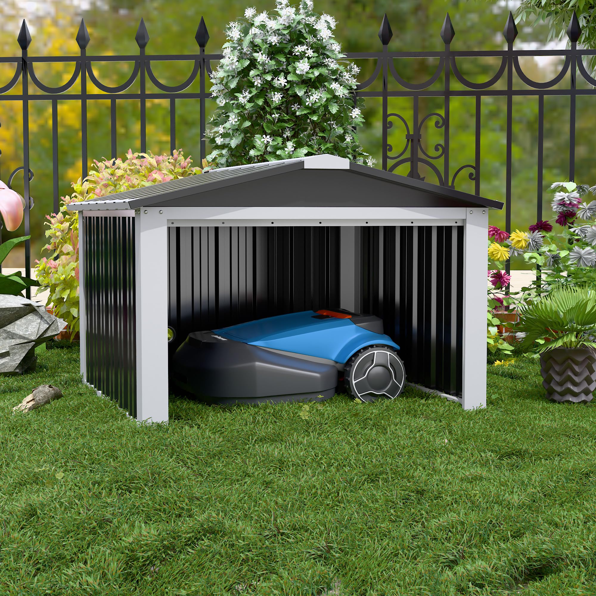 SUPEER Metall Mähroboter Garage mit Satteldach,H62cm*W90.5cm*D88.8cm Geräteschuppen Garten Metallschuppen für Rasenmähroboter,Überdachung für Mühroboter,Zimmer für Haustiere（schwarz）