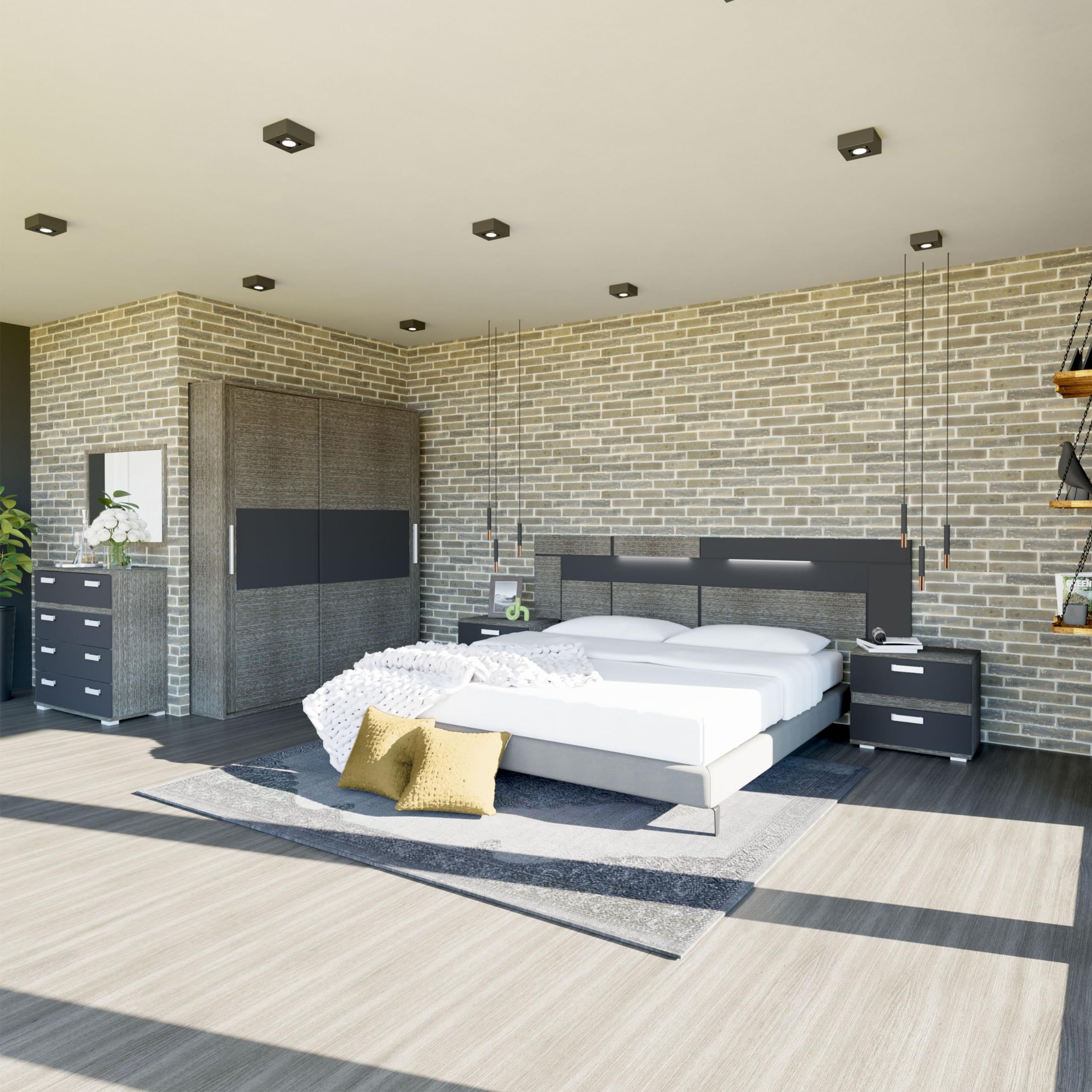 duehome | Pack Cabecero con Leds y 2 Mesitas de Noche, Dormitorio Doble, Dormitorio Completo, Modelo Ataneq Dark, Acabado en Ceniza y Negro