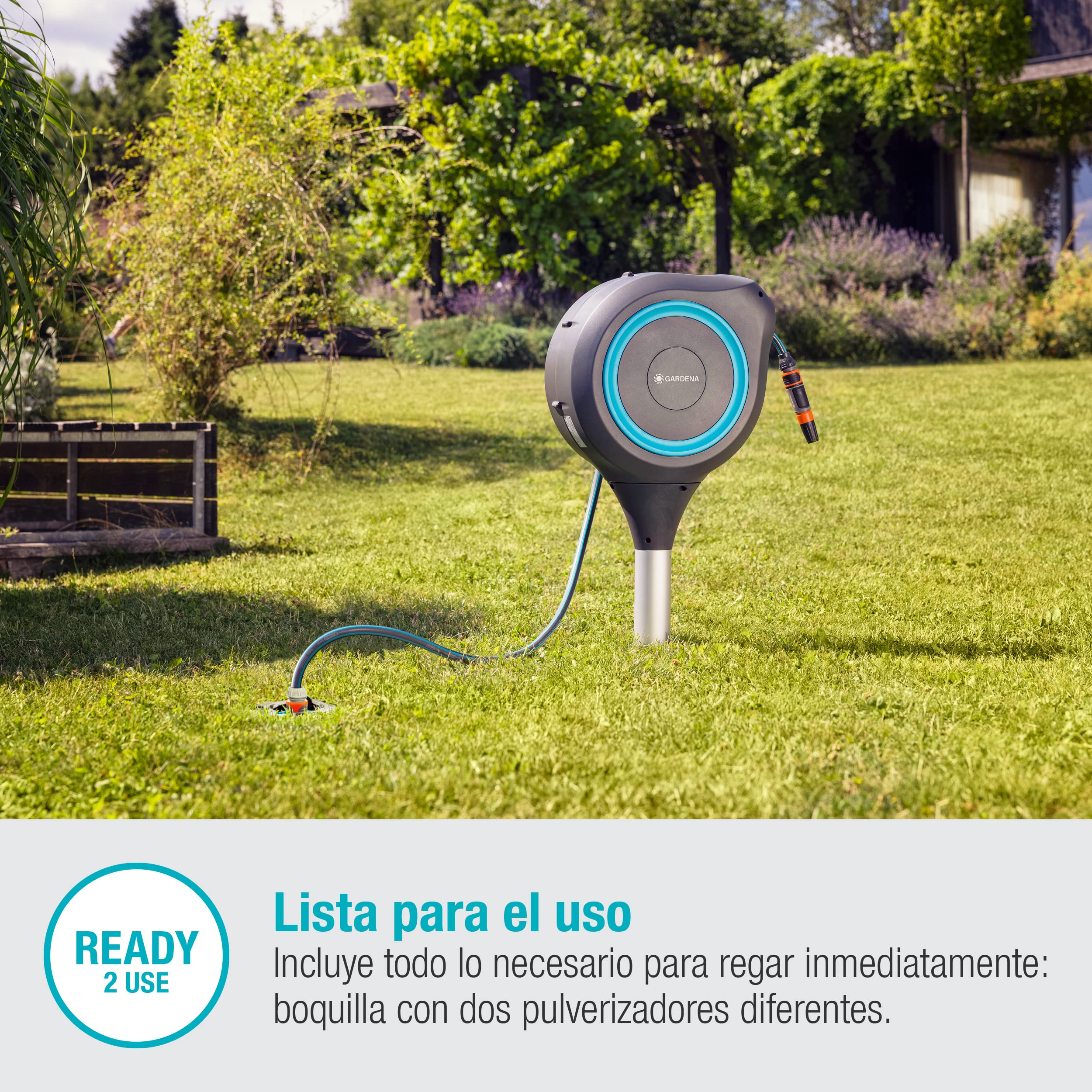Gardena Carrete de manguera para jardín RollUp S (turquesa) de 15 m: carrete giratorio, guía manguera integrada, incluye manguera calidad Gardena 15m, fijación tierra y auxiliar de montaje (18604-20)