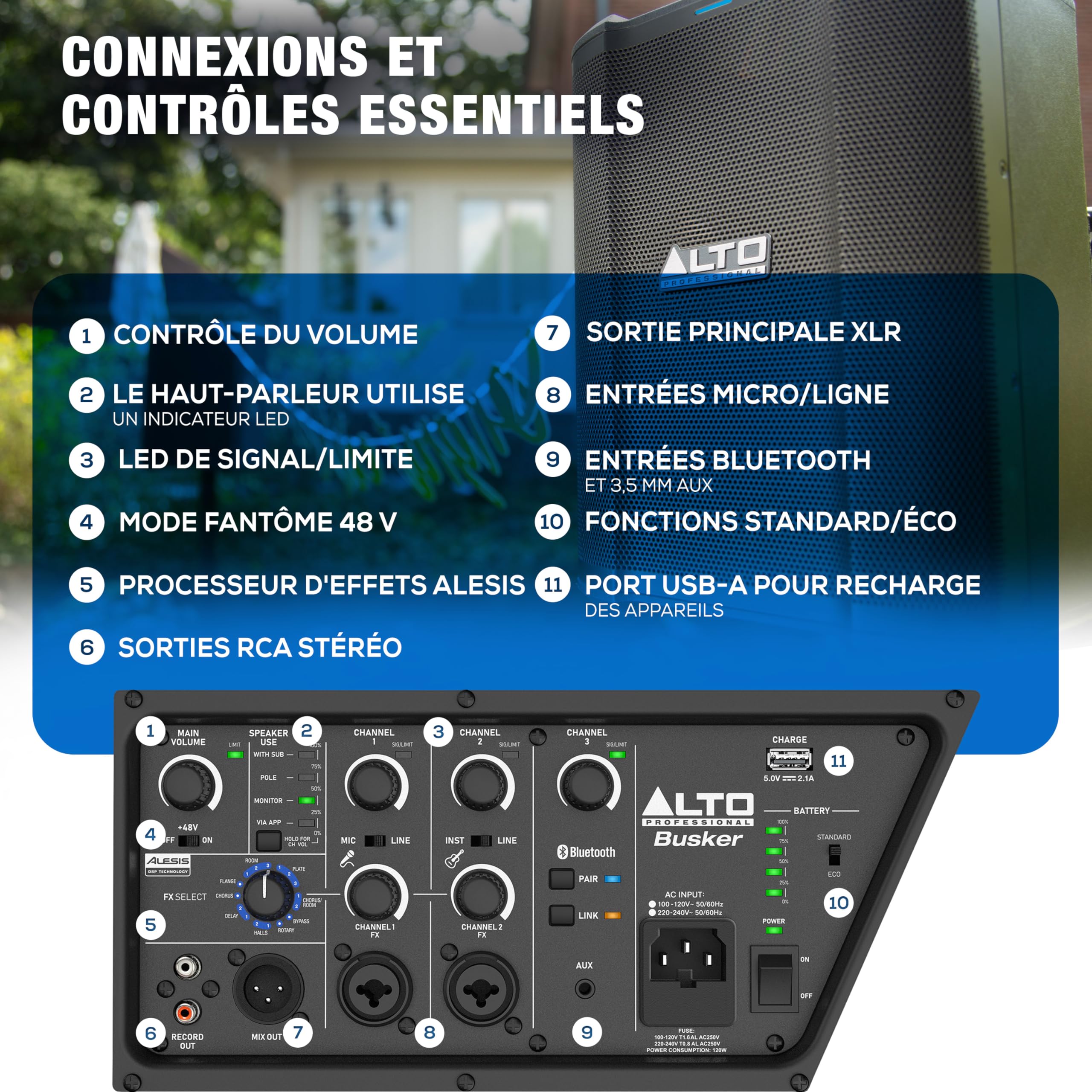 ALTO Busker Enceinte amplifiée Portable 200W avec Batterie Rechargeable, Bluetooth, mixeur 3 canaux, Alesis FX, contrôle appli, Chargement USB