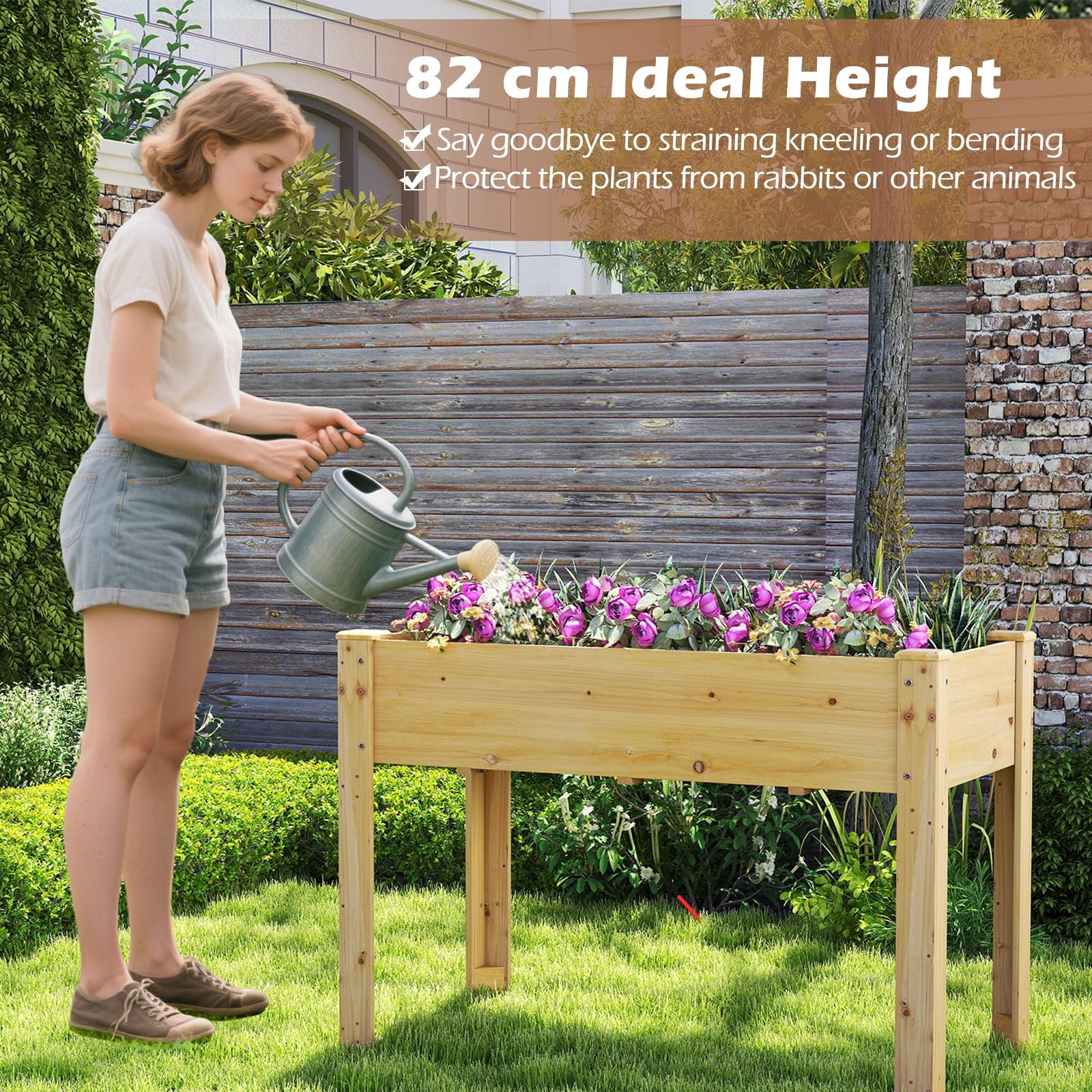 HOMASIS Huerto Urbano de Madera Abeto, 120 x 60 x 81 cm, Jardinera Elevada Terraza Exterior con Orificio de Drenaje, Compartimento de Almacenamiento, para Jardín, Balcón, Casa (Amarillo-marrón)