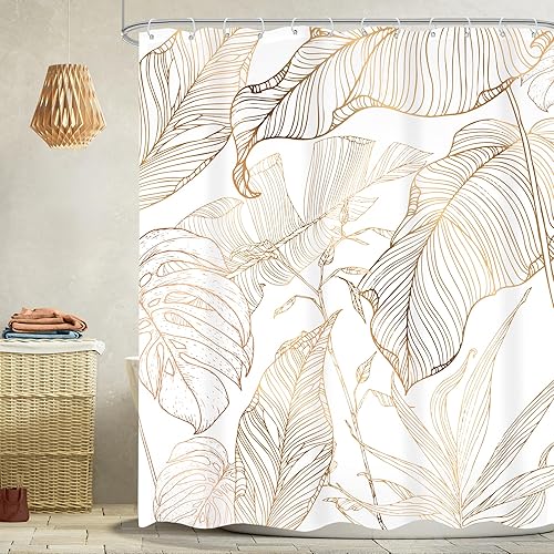 Omifly Cortina de ducha con hojas tropicales de oro blanco, 60 pulgadas de ancho x 72 pulgadas de alto, juego de baño abstracto de hoja de plátano,