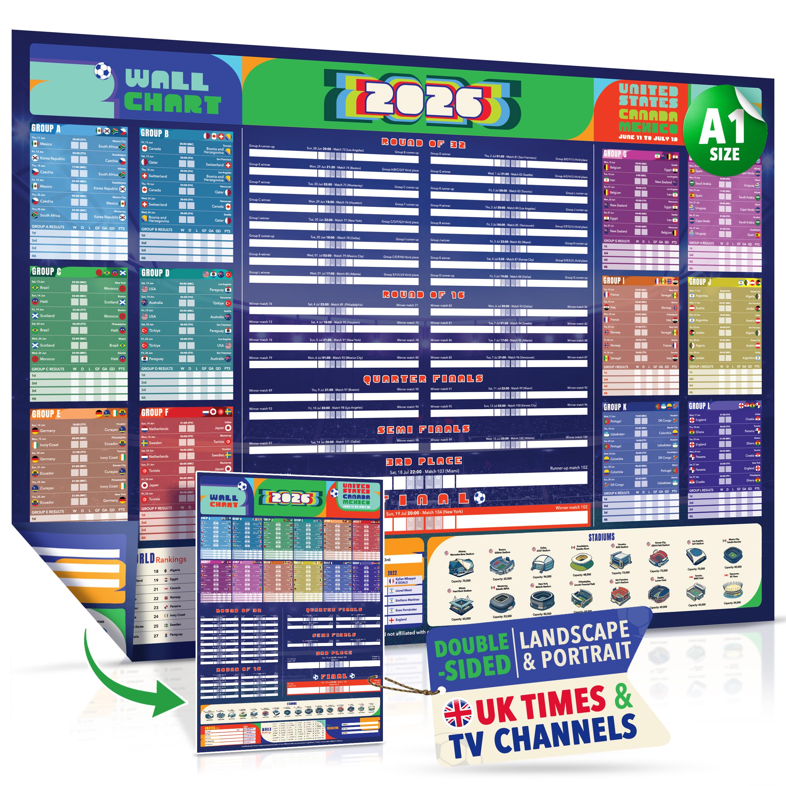 Premium World Cup Wall Chart 2026 - XL A1 World Cup Football 2026 Poster, 2-in-1 Double-sided: For Wall or Door - All games, UK Kick-off Times, UK TV Channels, Stadiums - (33 x 23 in, folded) โ image 1