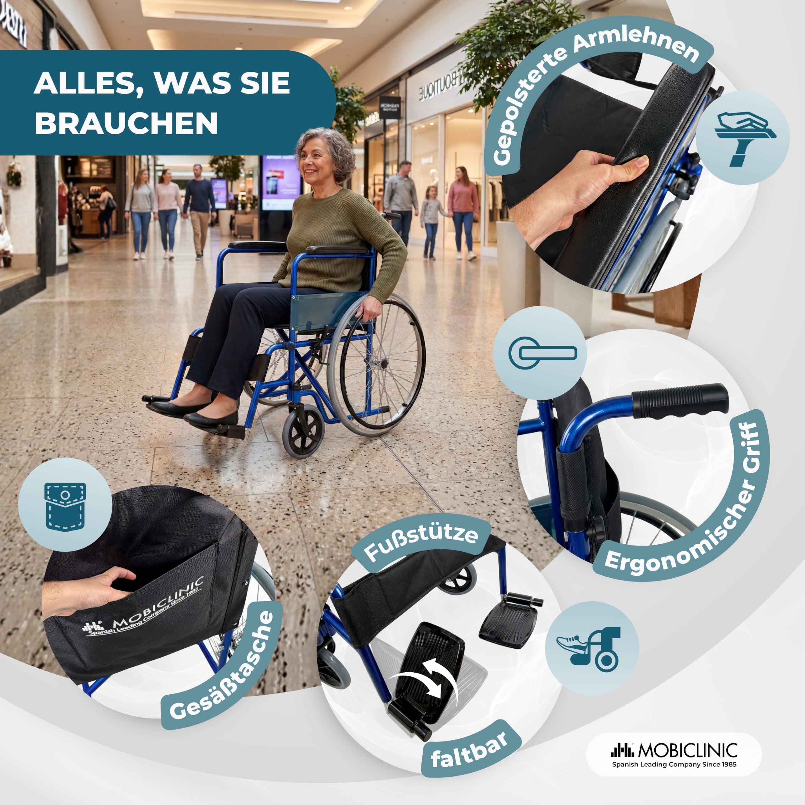 Mobiclinic®, Faltrollstuhl, Alcázar, Europäische marke, Sitz 46 cm, Manuelle bremse, Feste armlehnen und klappbare fußstützen, Farbe: blau/schwarz