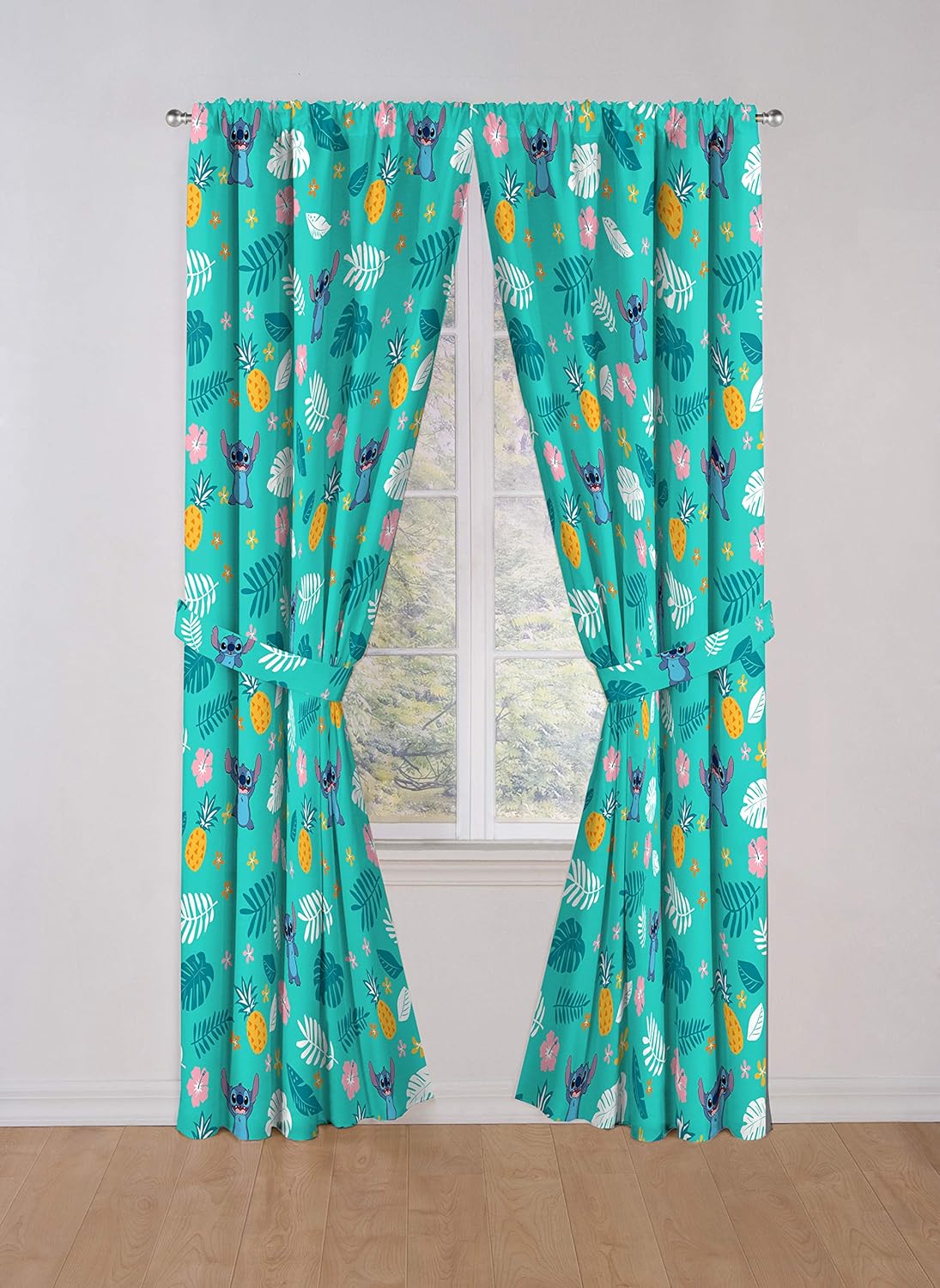 Jay Franco Kids Window Drapes - 4 Piece Curtain Set Includes 2 Tiebacks, Beautiful Bedding Room Décor and Easy Set Up, Teal - Lilo & Stitch, 84 Inch