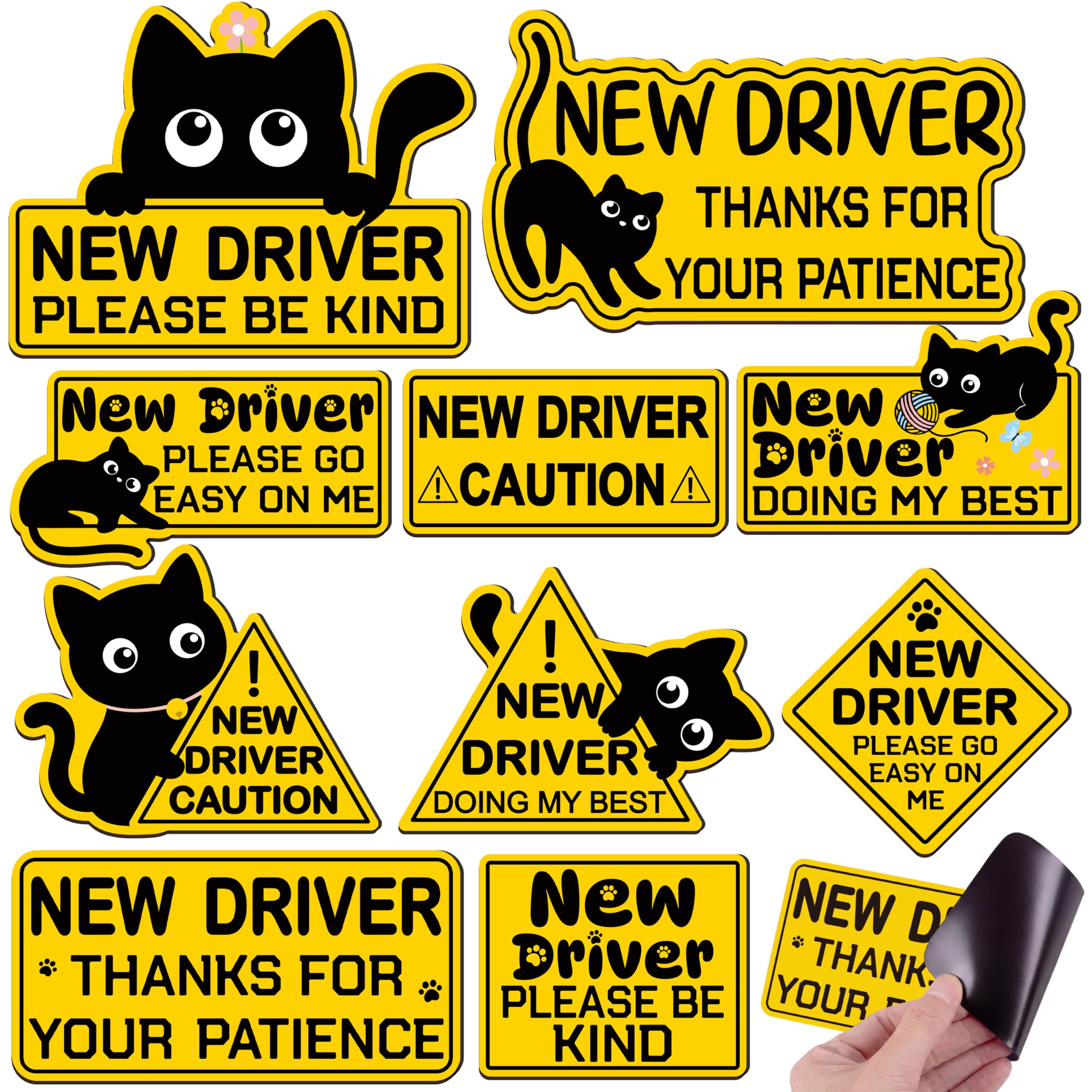 10 Pcs New Student Driver Car Magnets, Please Be Kind Magnetic Signs with Funny Black Cat Design, Bumper Sticker Accessories for Truck Vehicle Decoration