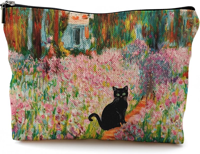 Necessaire de maquiagem QGFM com estampa floral e gato preto, 25,4 cm x 19,05 cm